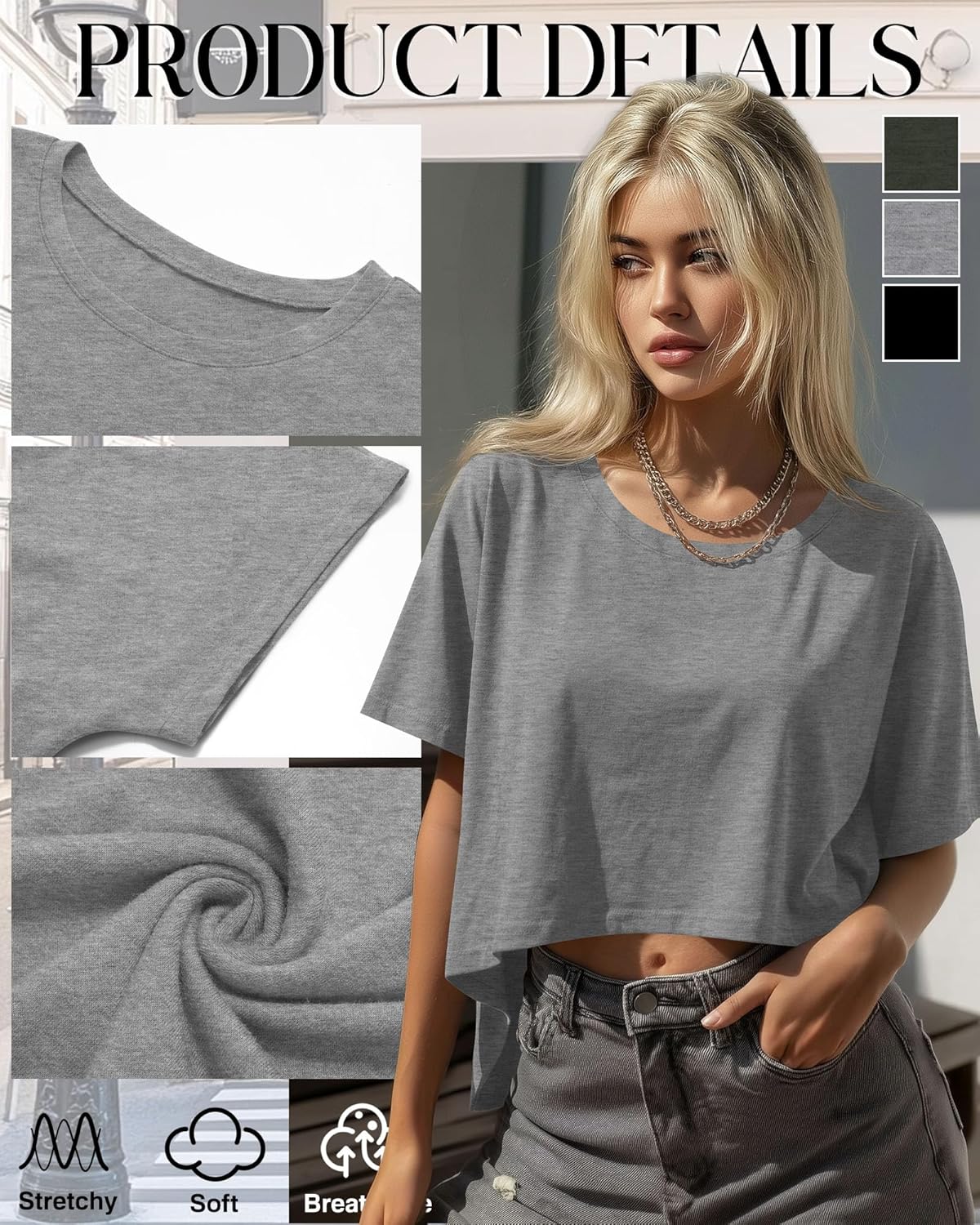 Huukeay 3 Pack Women's Oversized Cropped T Shirts Short Sleeve Loose Summer Crop Tops Casual Crewneck Irregular Hem Baggy Tee - Image 3