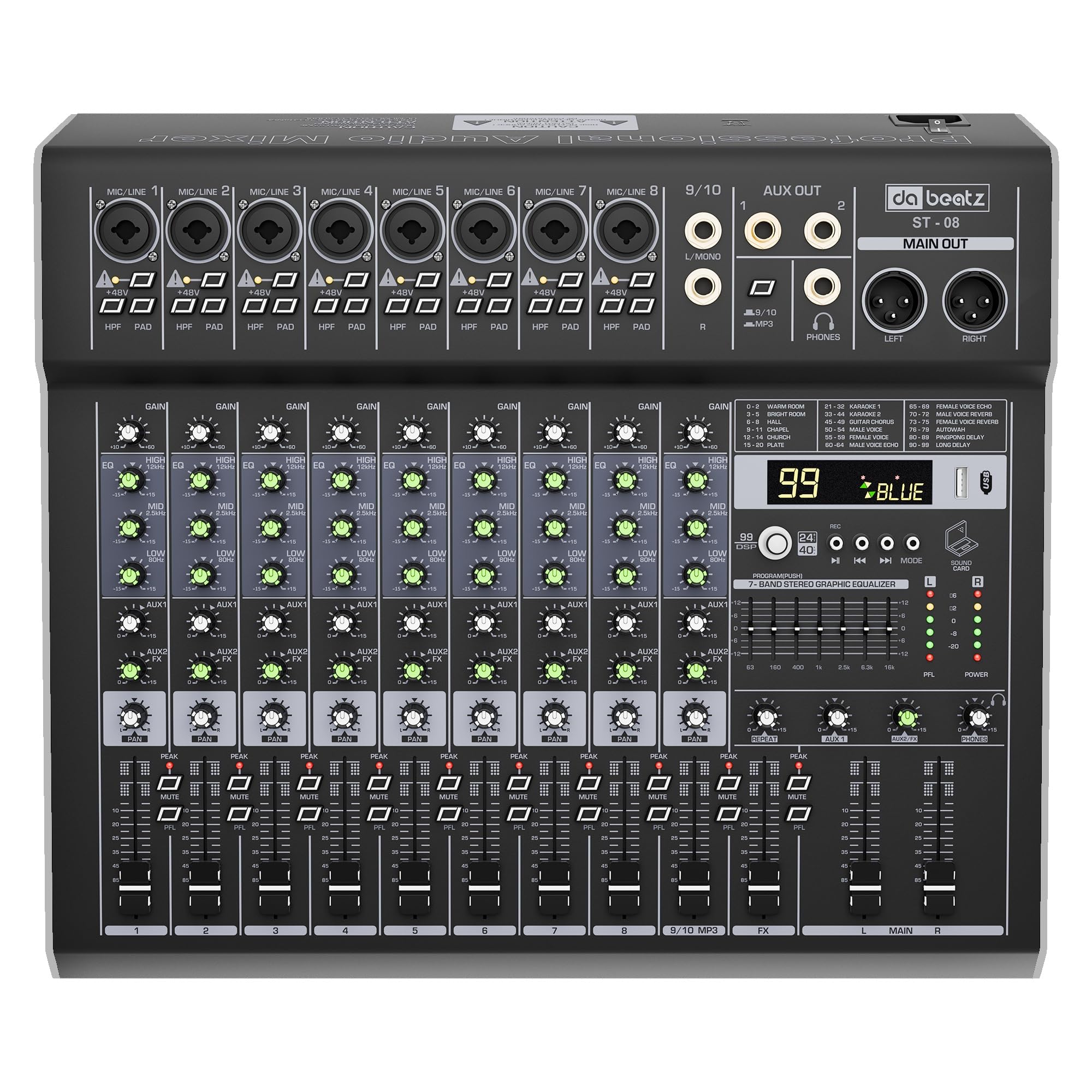 DaBeatz 10-Channel Professional Audio Mixer – 99 DSP Effects, 48V Phantom Power, USB Sound Card, Bluetooth, 7-Band Graphic EQ – 8 XLR/TRS Combo Inputs for DJ, Studio, Church, Karaoke & Podcast-image-29