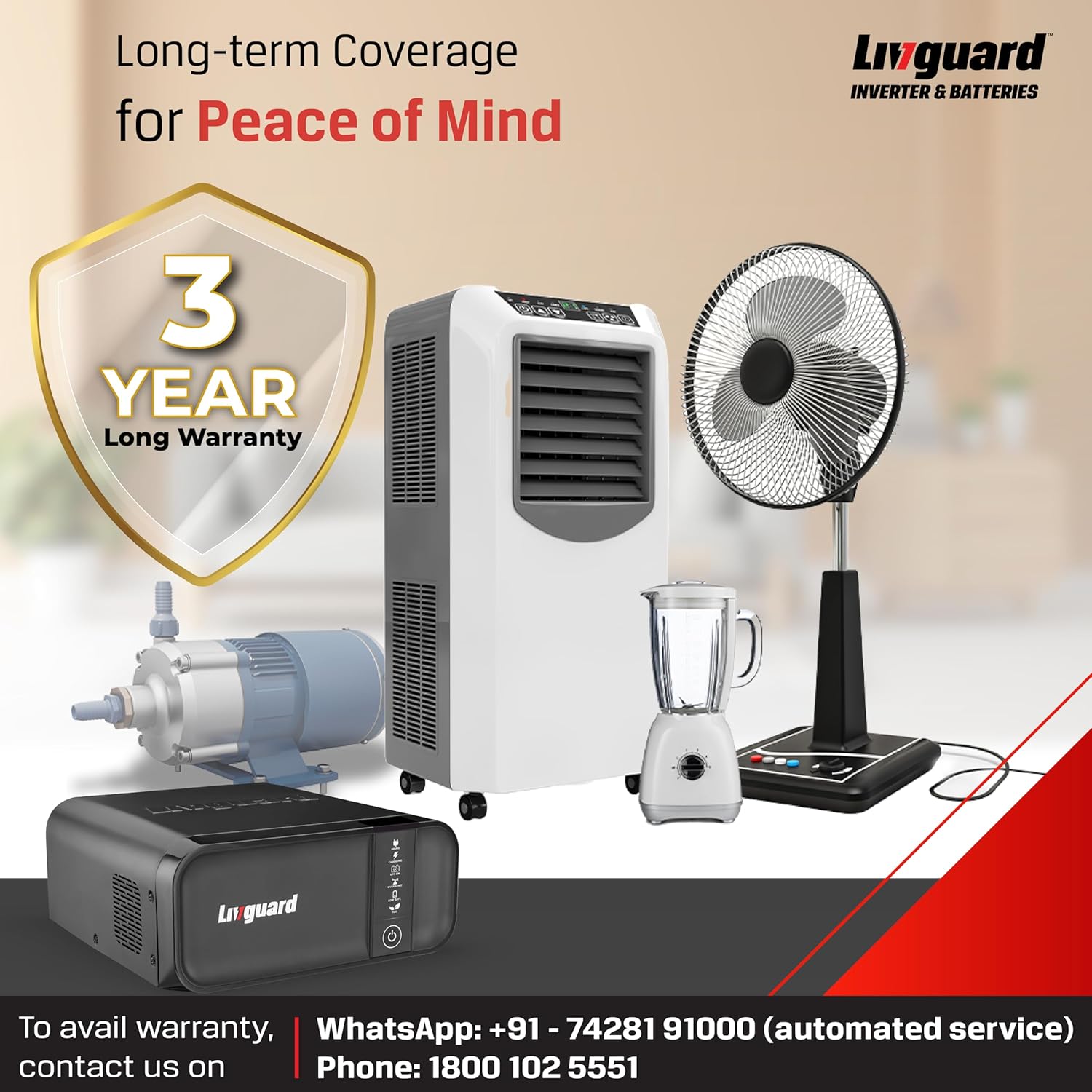 Image showing a 3-year warranty badge and contact information for Livguard support.