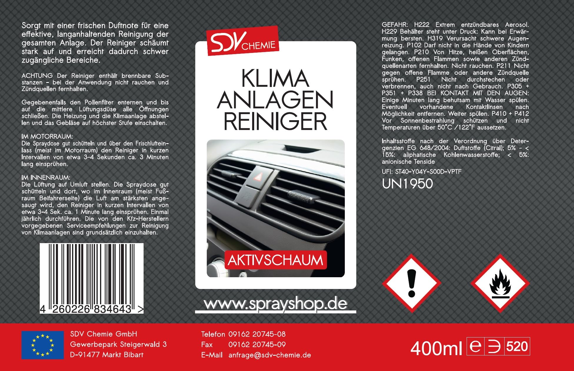 SDV Chemie Klimaanlagenreiniger Schaum Spray 12x 400ml | mit 60cm Sonde, Klimaanlage Reinigung
