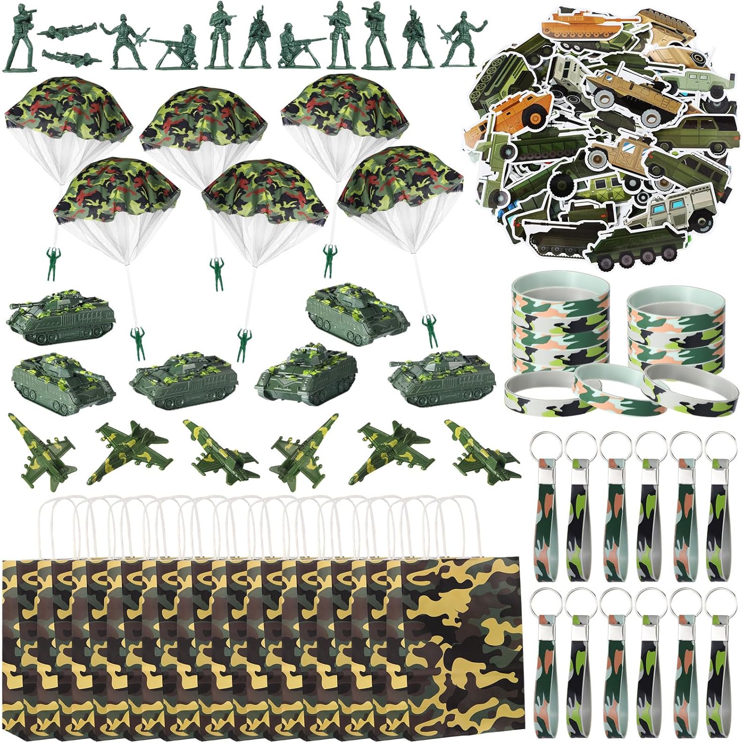 Blueweenly 166 Pieces Army Party Favors Includes Camouflage Keychain Wristband Parachute Tank Plane Military Soldier Toy Camo Bag for Boys Camo Military Birthday Party Supplies Decorations Fillers