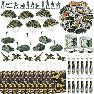 Blueweenly 166 Pieces Army Party Favors Includes Camouflage Keychain Wristband Parachute Tank Plane Military Soldier Toy Camo Bag for Boys Camo Military Birthday Party Supplies Decorations Fillers