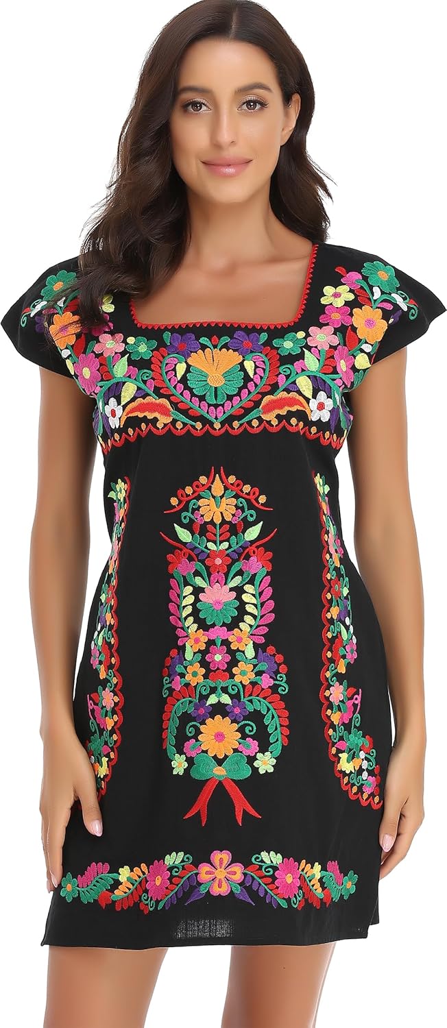 YZXDORWJ Women Mexican Embroidered Dress Ruffle Collar Sleeveless