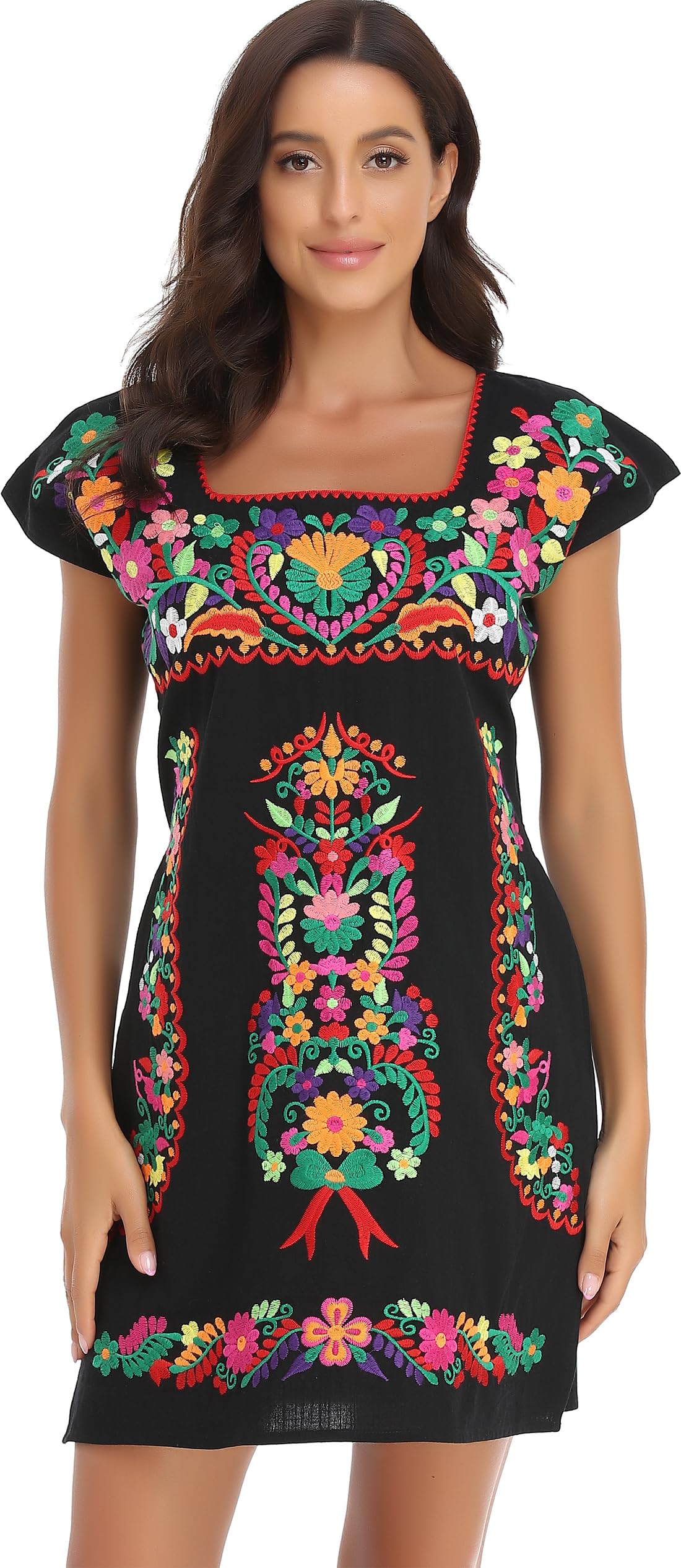 Womens Mexican Embroidered Dress Floral Short Sleeve Boho Mini Dress