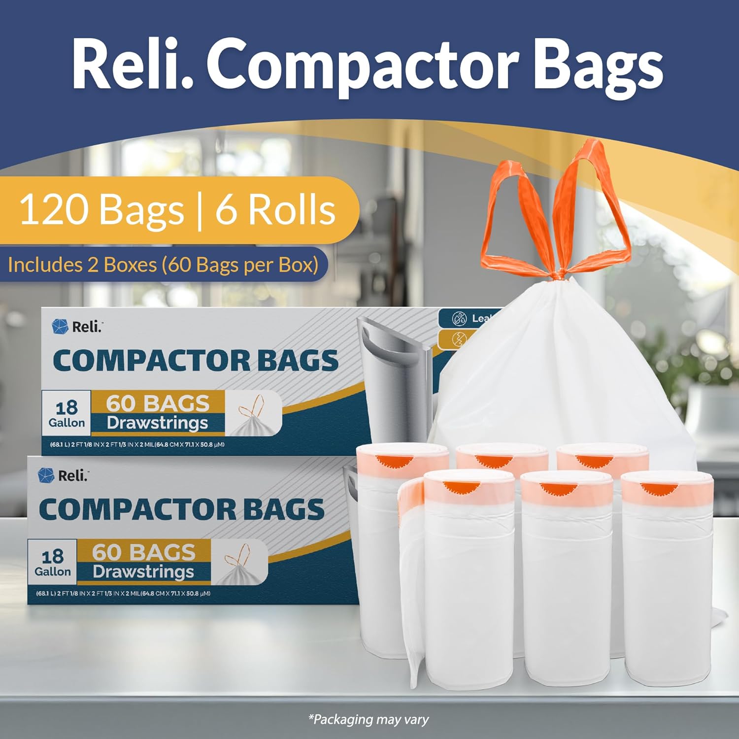 Reli. 18 Gallon Trash Compactor Bags (120 Pack) | 2 Mil Heavy Duty | Compatible with Kitchenaid, Whirpool, GE 15 Inch Compactors | No Slip Drawstring Kitchen Trash Bags | Leak-Proof & Tear Resistant