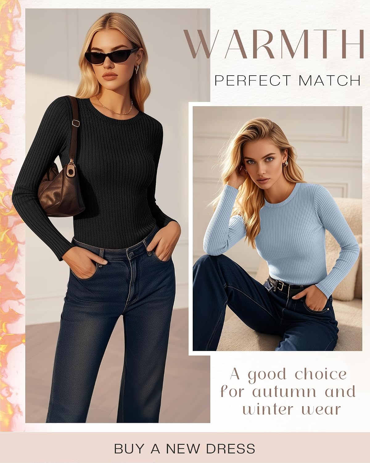 4 Pack Women's Thermal Long Sleeve Shirt Ribbed Cotton Slim Tops Crew Neck Basic Undershirt Stretch Layer Blouses