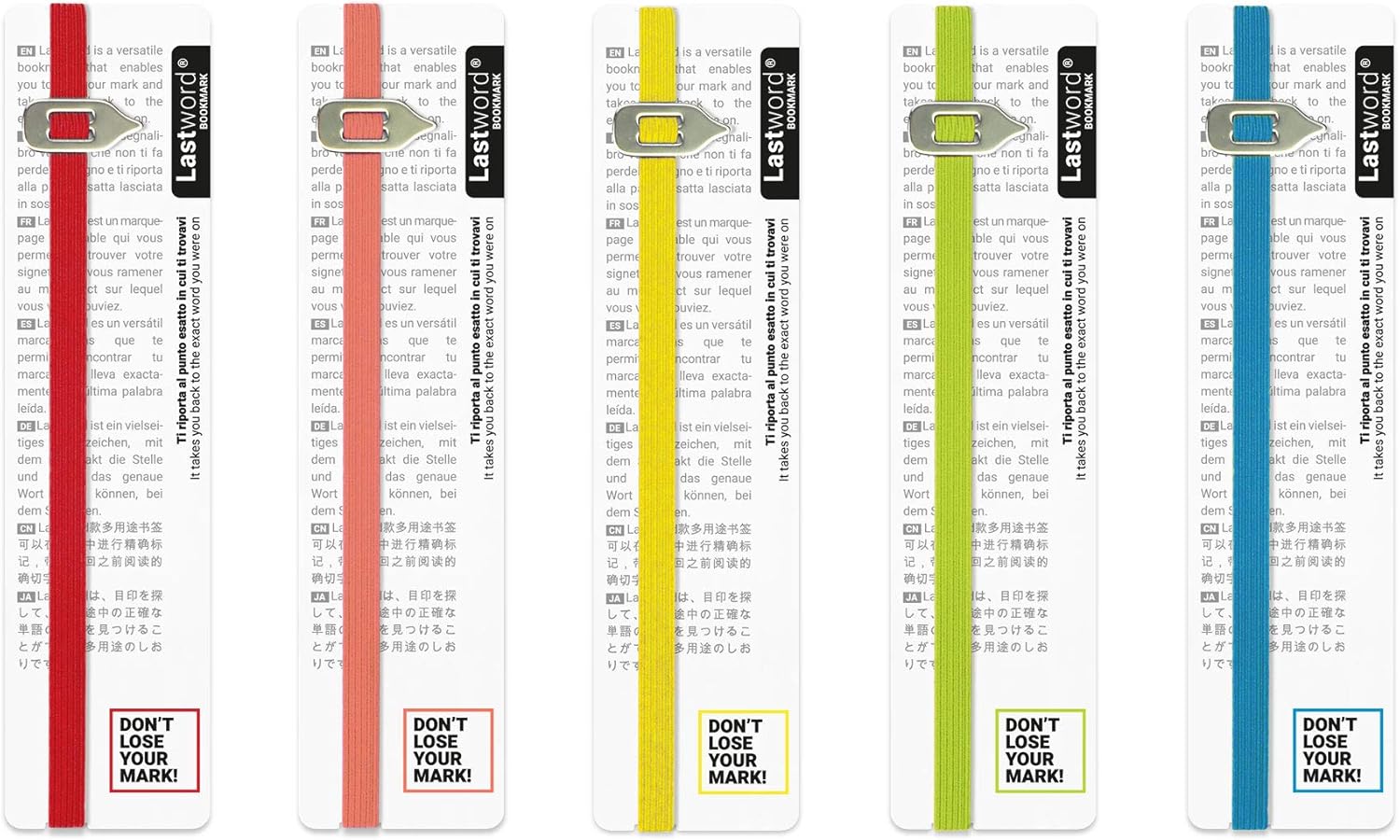 Lastword Elastic Bookmarks Perfect for Any Book - Book Markers with Metal Cursor, Eco-Leather Label, 5 Colors Combo Pack
