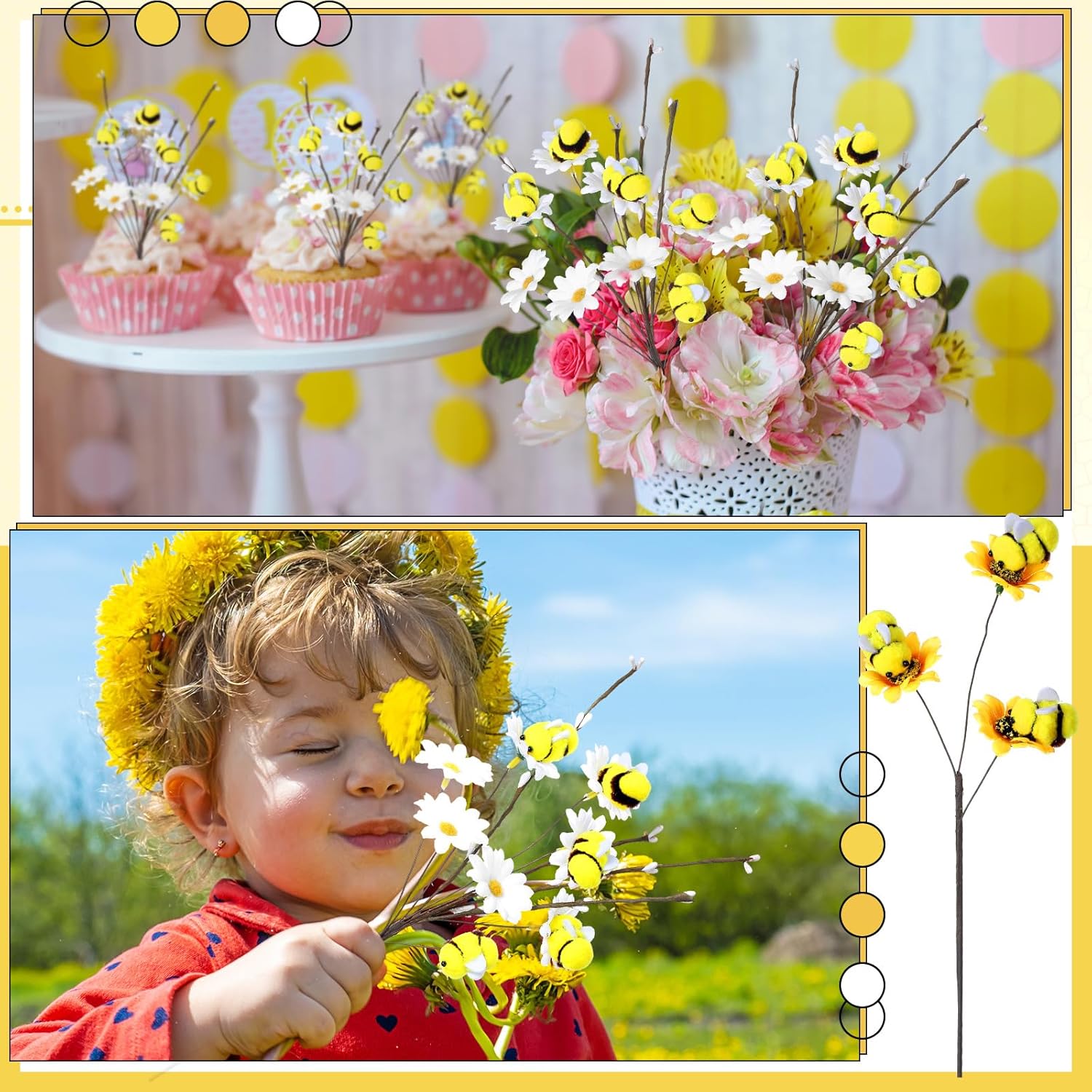 Suncalla 6 Pcs Felt Bee Stems What Will Baby Bees Birthday Party Decoration Felt Honeybee Branch Pick for Tree Vase Filler Home Table Centerpiece Farmhouse Spring Baby Shower (Bee and White Flower)