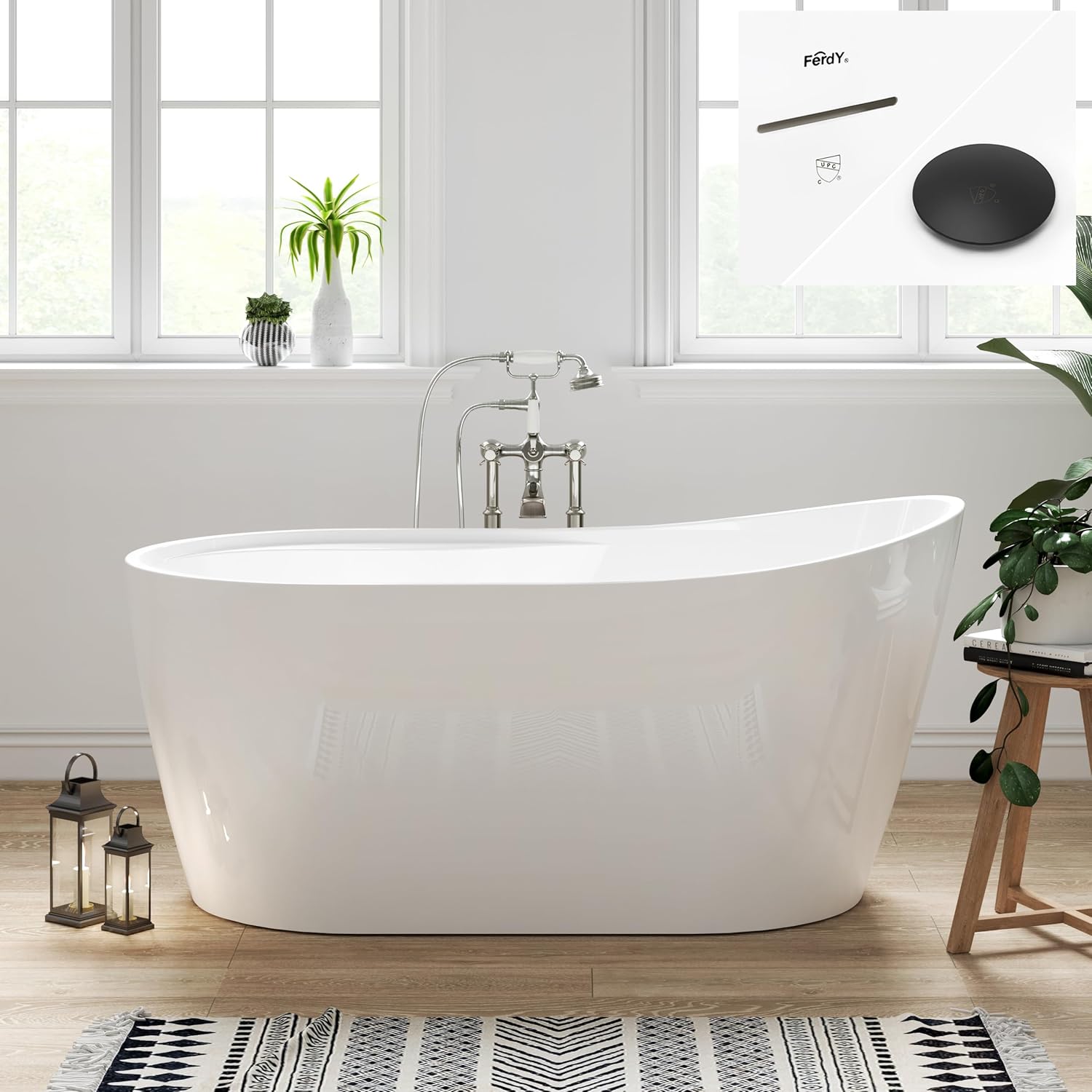 FerdY Lana'i 60" Freestanding Bathtub, Gracefully Shaped Freestanding Soaking tub, cUPC Certified, Matte Black Drain Assembly Included