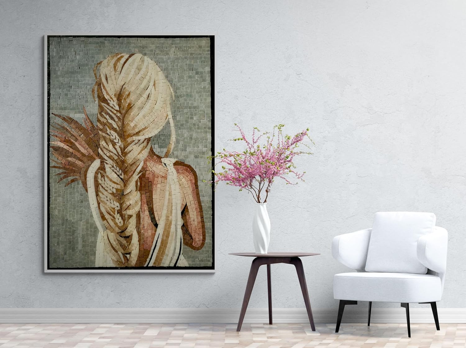 Handmade Golden Braid Marble Mosaic Wall Art, Horse Tile Mosaic Artwork, Hand-Cut Natural Stone Equestrian Wall Décor