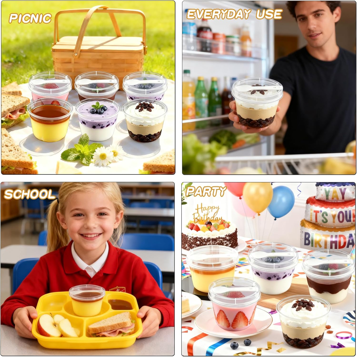 100 Pack 8oz Plastic Dessert Cups with Lids and Spoons, Clear Yogurt Parfait/Appetizer Cup with Lids for Party, Mini Round Dessert Cups with Spoons for Pudding/Jello/Milkshake/Fruit/Ice Cream