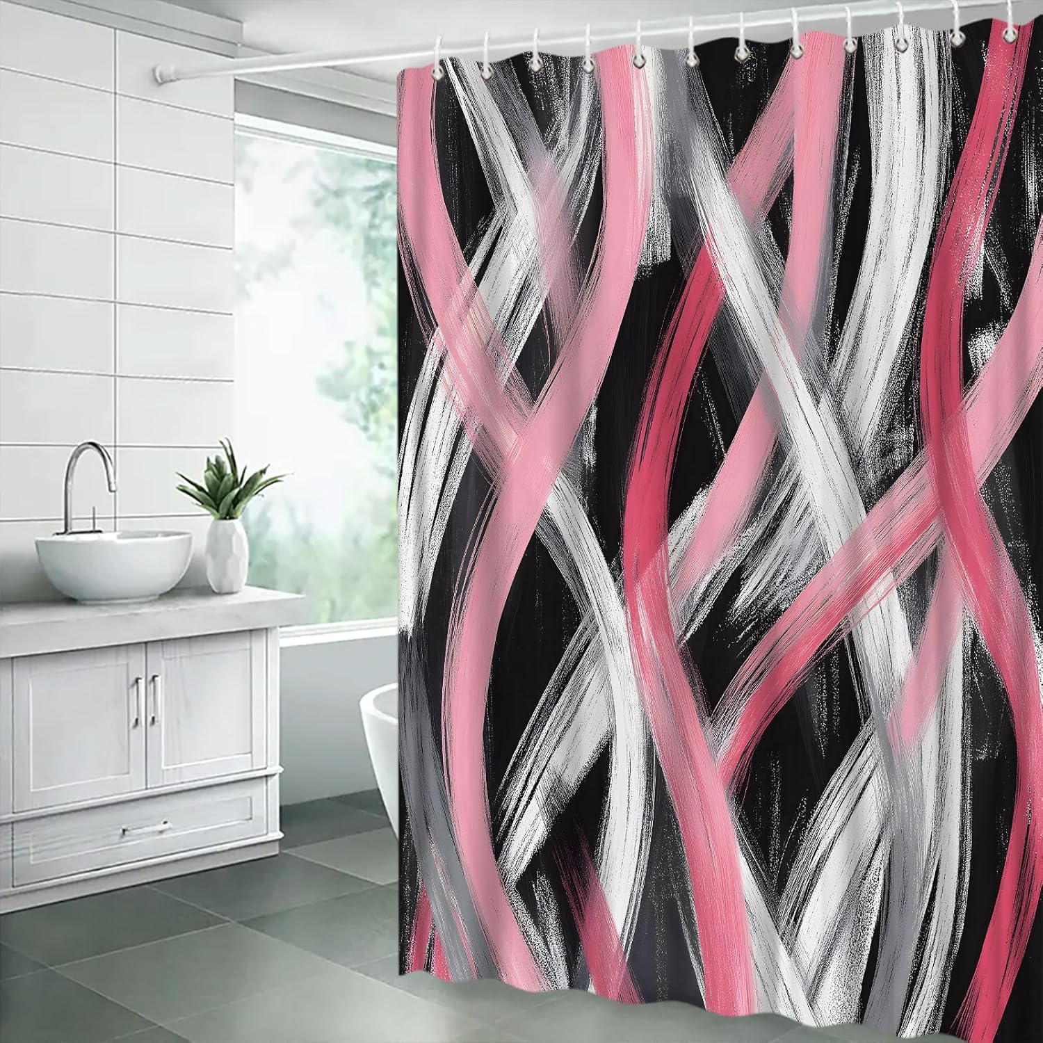 Abstract Shower Curtain Pink White Black Retro Geometric Striped Oil Painting Brush Vintage Fabric Bathroom Decor Curtains with Hooks 70W x78H,
