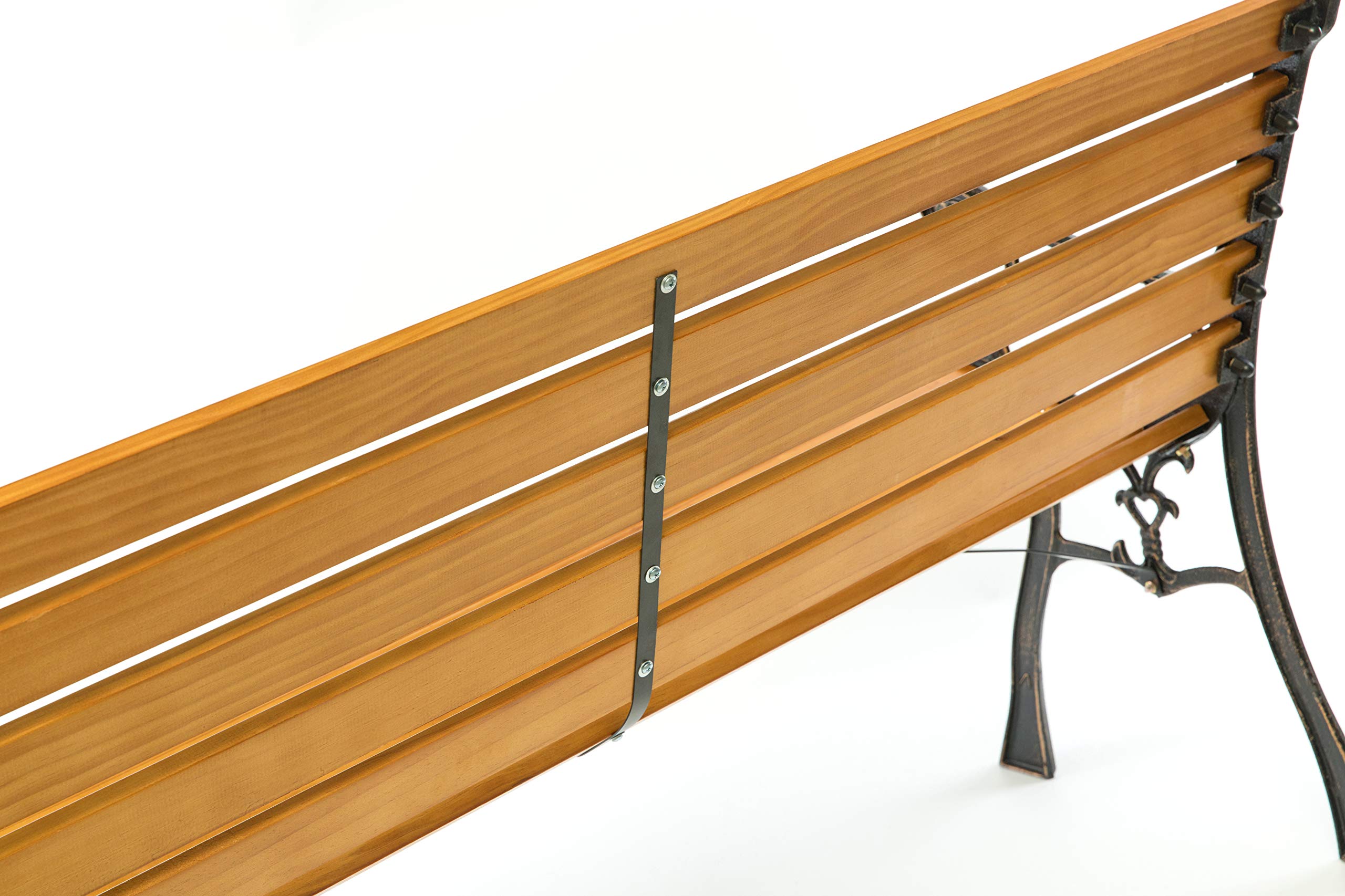 Banco de madera para exteriores con reposabrazos y patas de acero diseñadas, color negro 8