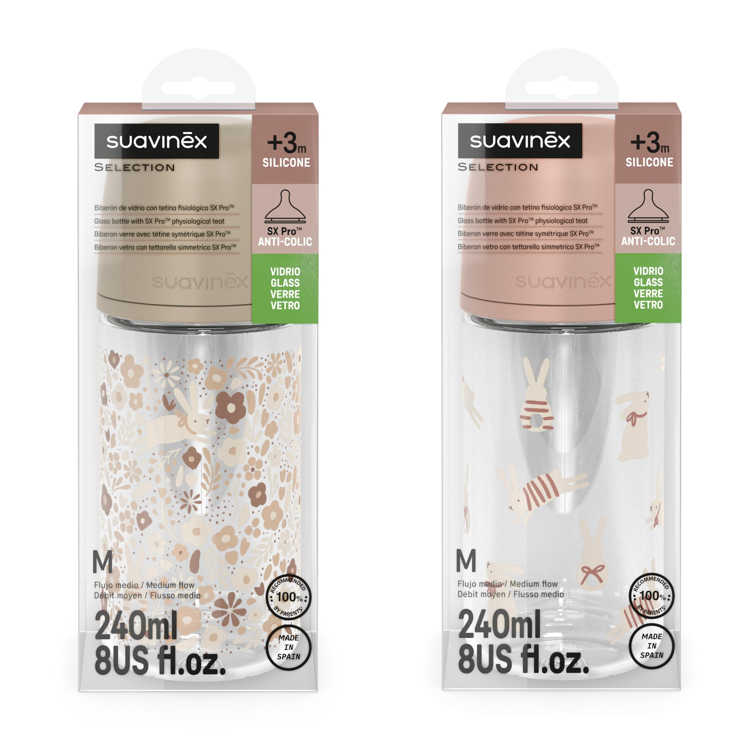 Suavinex, Confezione 2 biberon in vetro da 240 ml, con tettina SX Pro in silicone, con valvola anticoliche, flusso medio (M), per liquidi a media densità, acqua o latte, neonati +3 mesi, rosa, beige