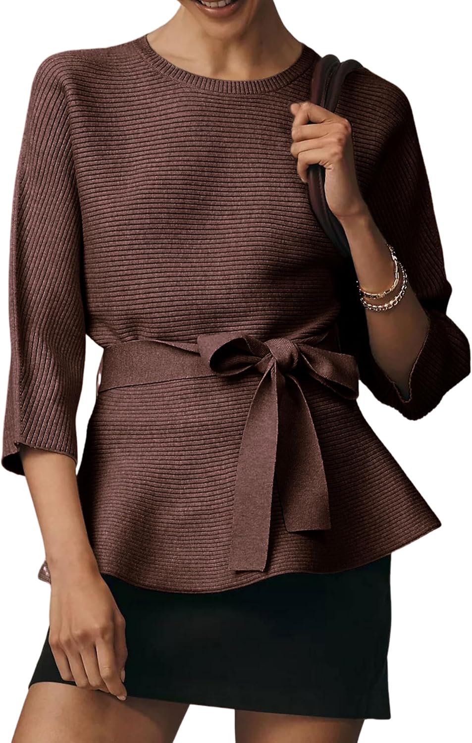 Yeokou Womens Ribbed Belted Sweater 3/4 Sleeve Crew Neck Pullover Tunic Top Winter Spring Casual Loose Fit Knitwear