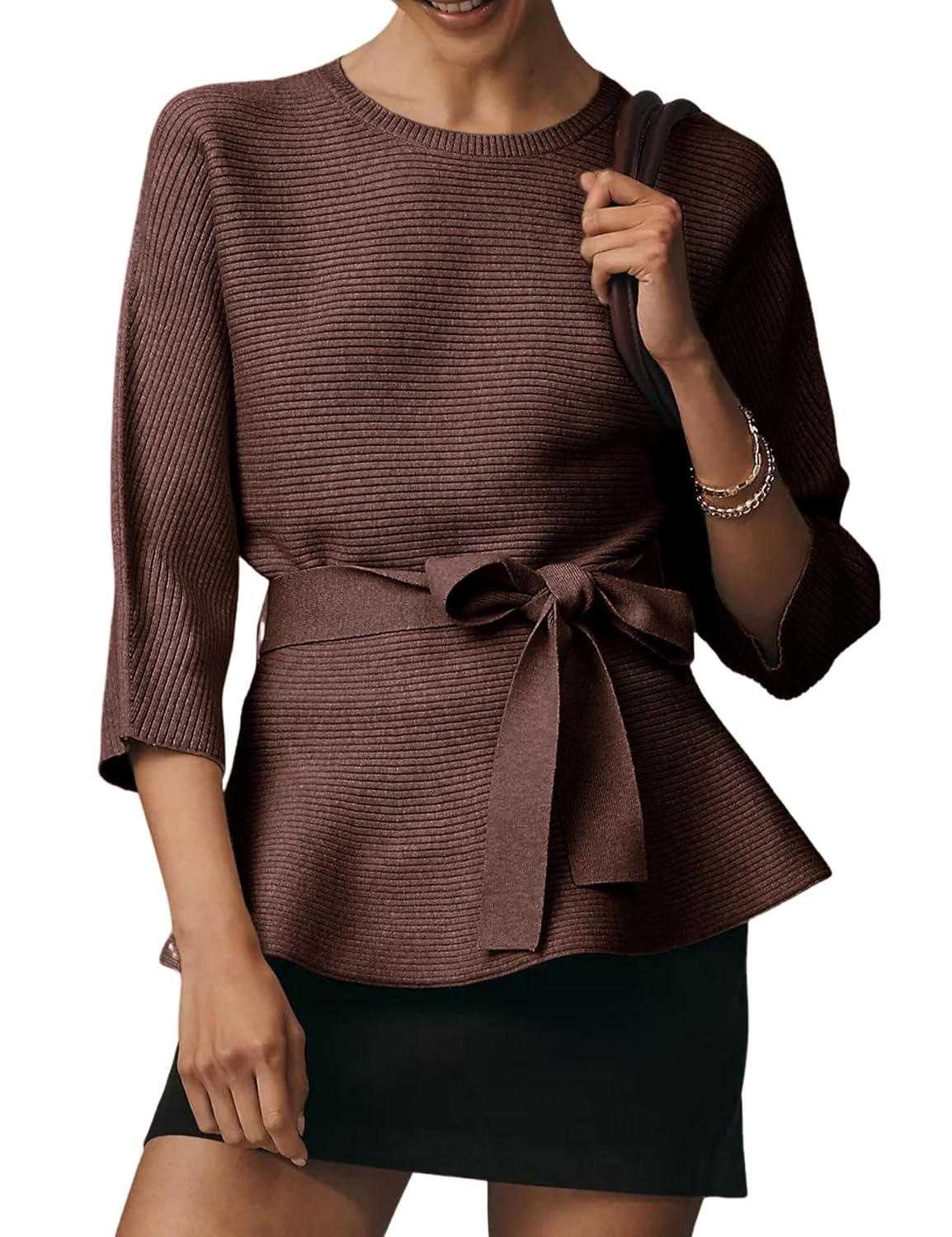 Yeokou Womens Ribbed Belted Sweater 3 4 Sleeve Crew Neck Pullover Tunic Top Fall Winter Casual Loose Fit