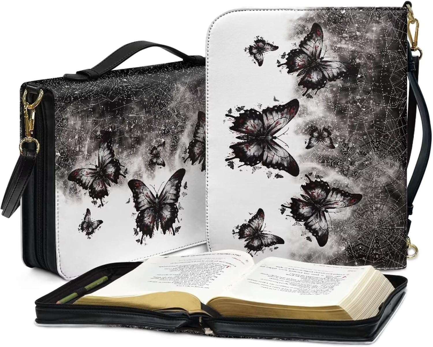 Dark Butterfly Womens Bible Cover with Pen Slots and Zippered Pocket Men's Classic Bible Cover Fits for Standard Size Bible,10.2 * 7 in Can Be Used As A Journal Supplies Organizer
