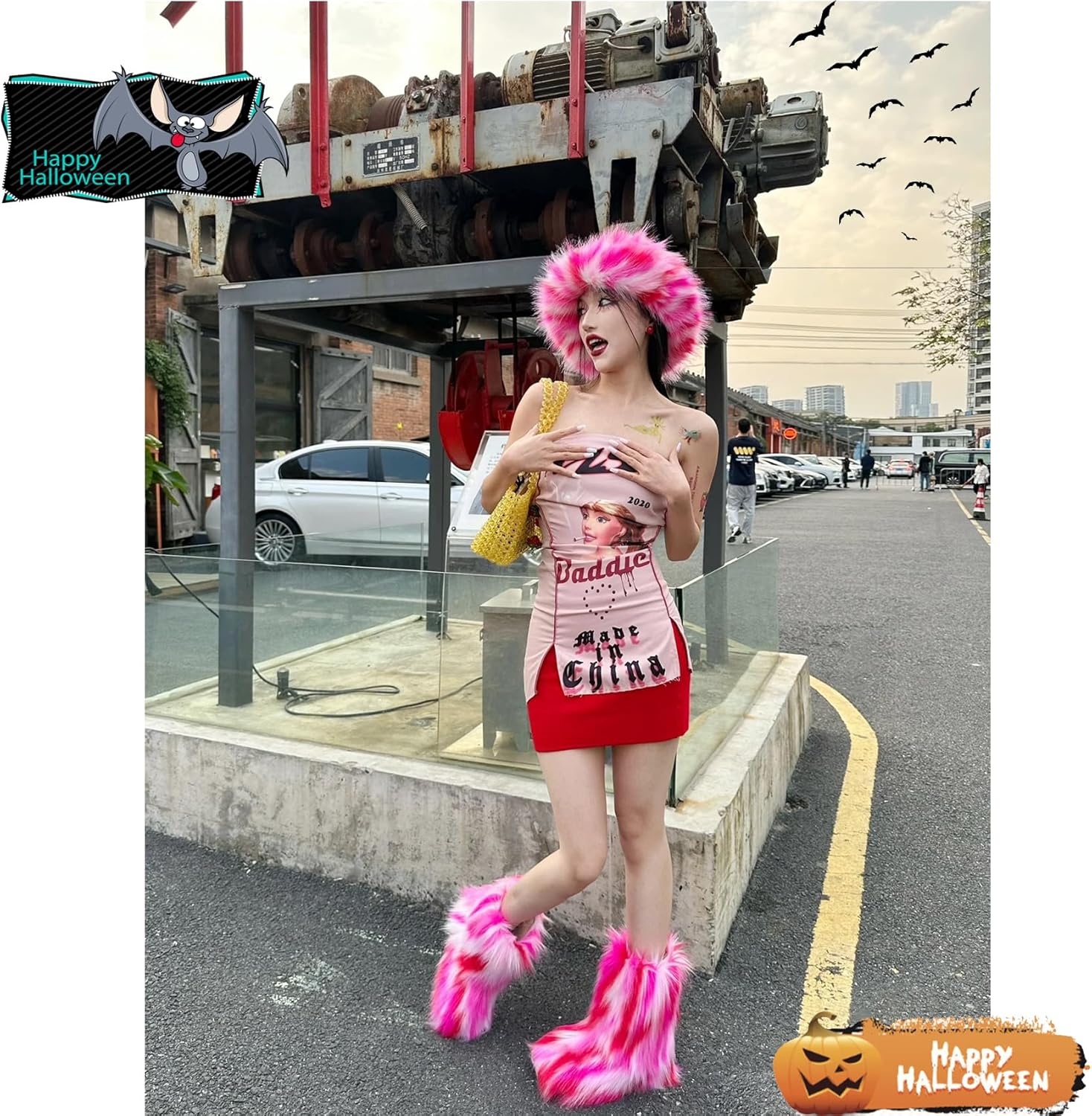 yamerbo Women's Faux Fur Y2k Furry Snow Boots Fuzzy Bucket Hat Cap Winter Mid-Calf Snow Shoes Halloween Aesthetic Streetwear