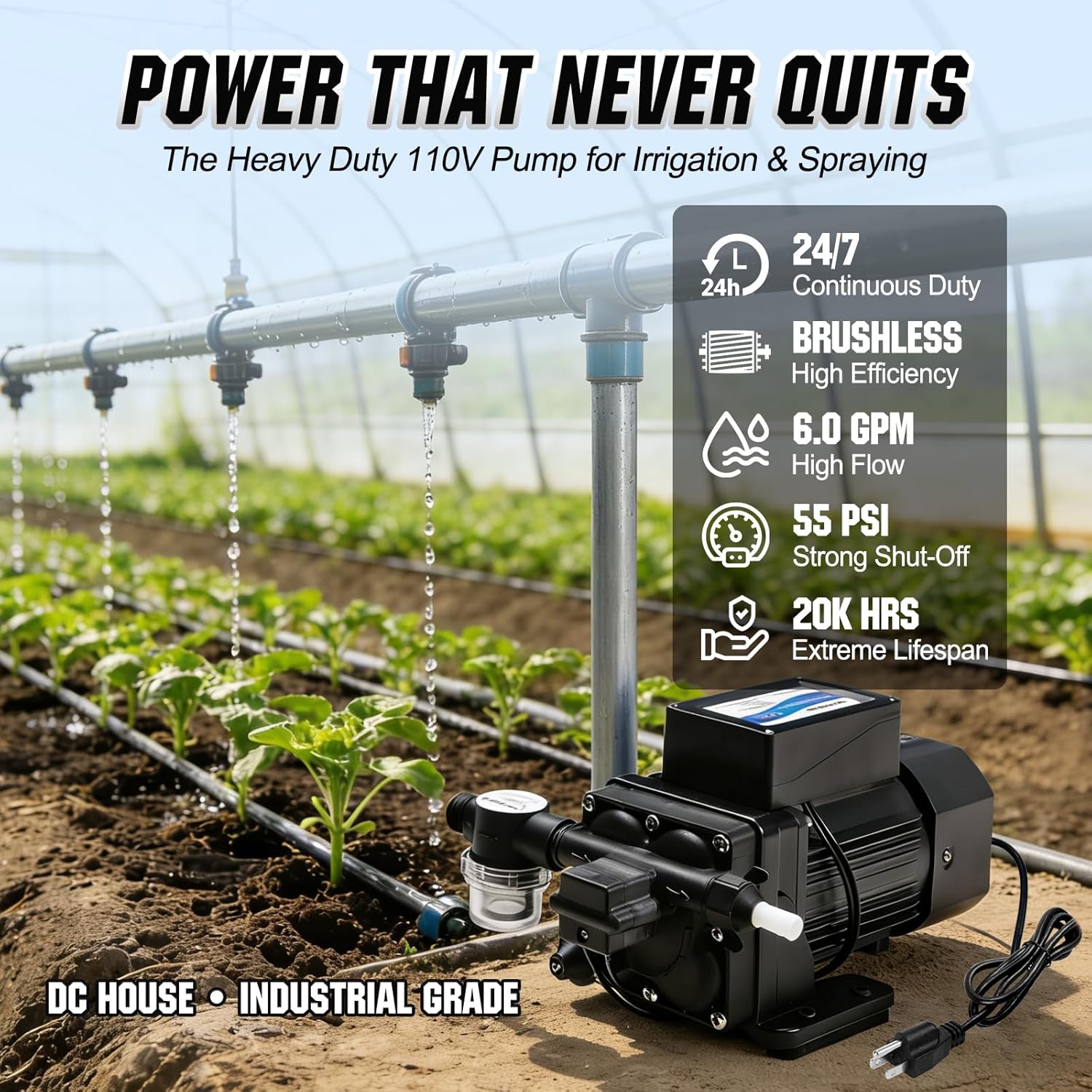 DC HOUSE Continuous Duty 110V Brushless Water Pump, 6GPM 55PSI 4-Chamber Heavy Duty Self Priming Diaphragm Pump for Garden Irrigation, Agricultural Spraying, Pressure Washing & Water Transfer