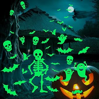 60 Pieces Halloween Glow in The Dark Window Decals Halloween Luminous Stickers Ghost Skeleton Bat Window Wall Decals Night Glow Decals for Window Home Kids Room Nursery Halloween Party Supplies