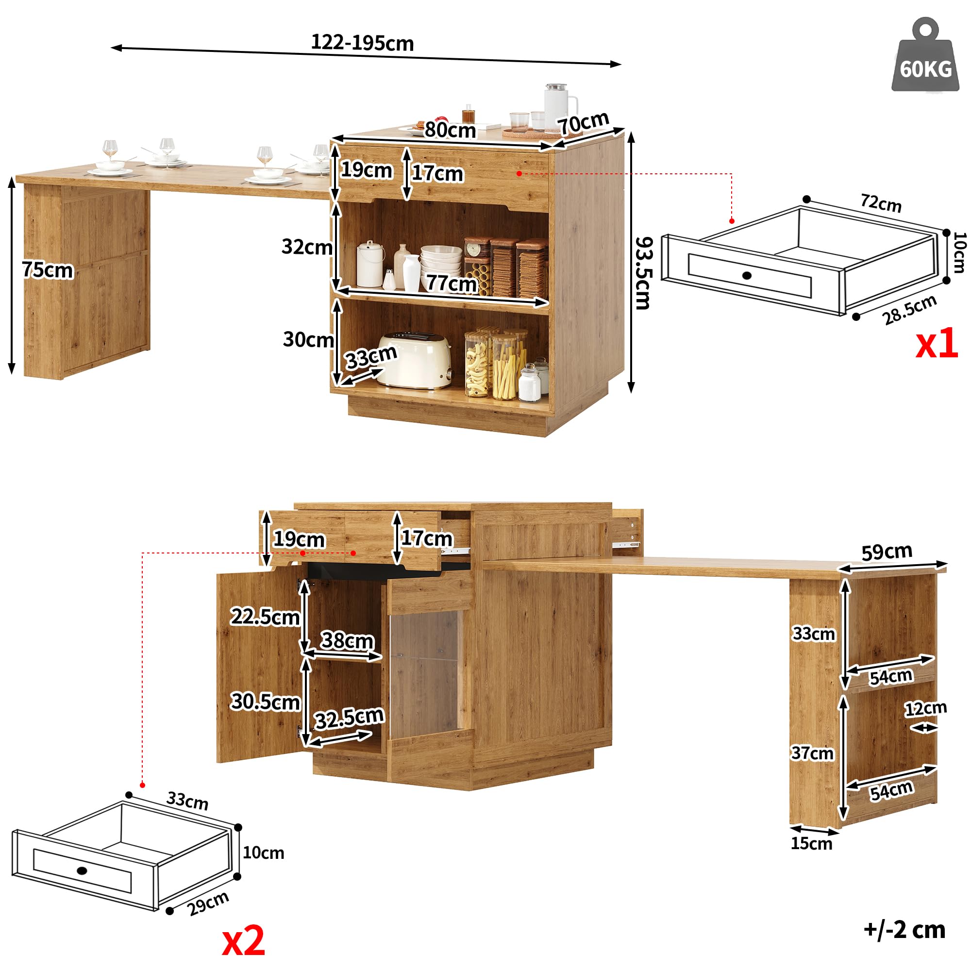 Isola cucina con tavolo allungabile, mobile cucina multifunzionale con illuminazione a LED (controllabile tramite app), effetto rovere, vano contenitore, cassetti, anta in vetro, per sala da pranzo e