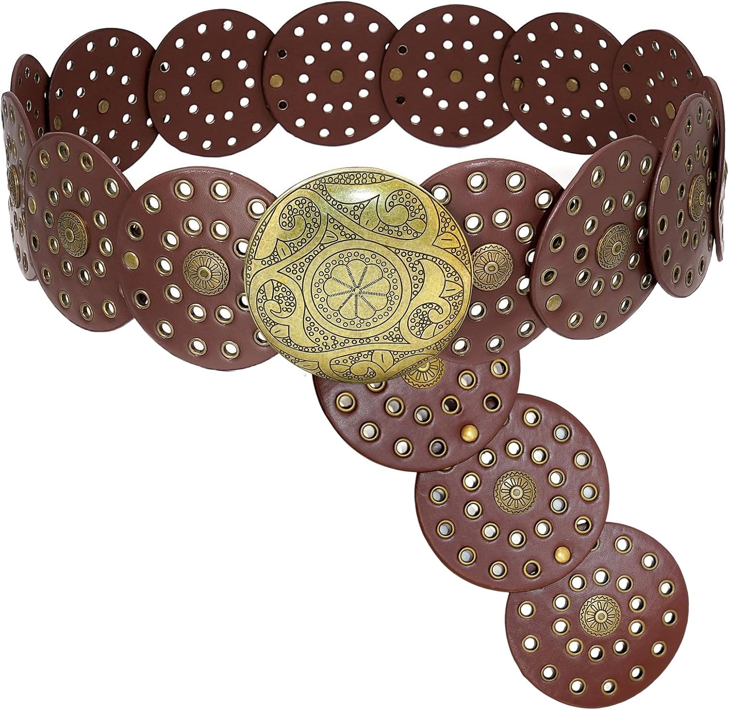 Western Wide Disc Belts for Woman,Brown Leather Hollow Out Round Chunky Belts for Women, Vintage Western Belt Boho Country Waist Belts,Concho Waist for Women,for Dress and Cowgirl Outfits