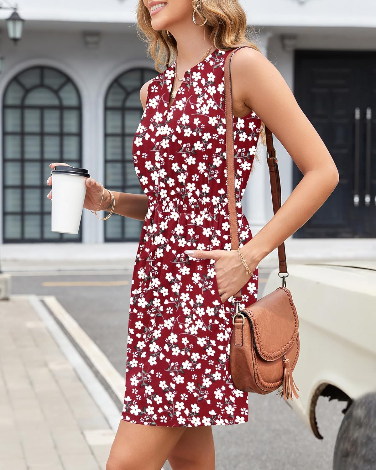 AUSELILY Womens Summer Dresses 2026 Casual V Neck Sleeveless Drawstring Button Mini Dress with Pockets - Image 4