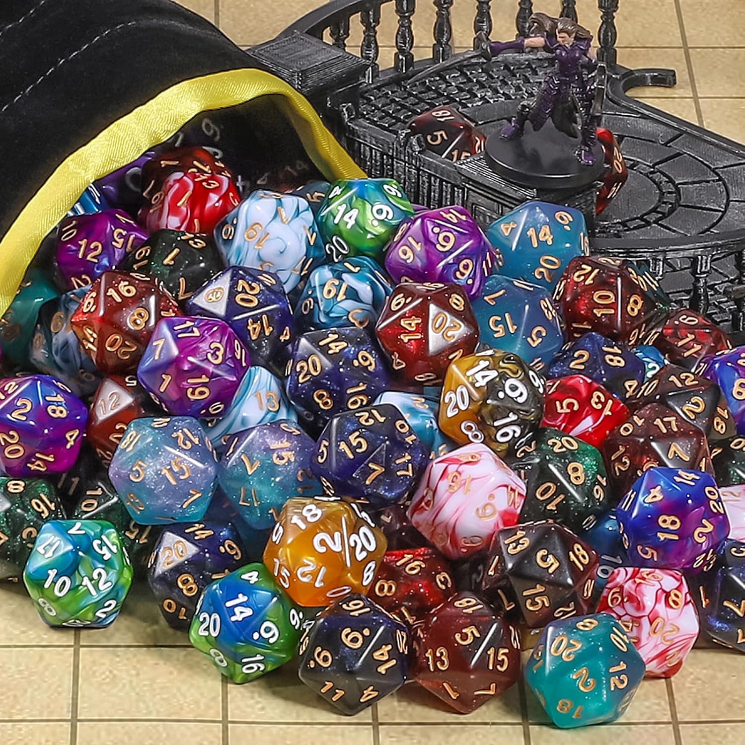 CiaraQ DND Polyhedral Dice (100pcs) with A Dice Bag Compatible with Dungeons and Dragons DND RPG MTG Role Playing Table Games (D20 dice, 10 Two Colors-100pcs)