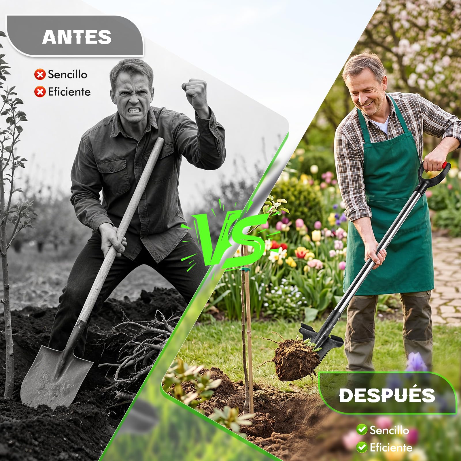 Pala de zanahoria resistente con grano de siembra, pala de jardín de acero al carbono de 115 cm con mango ergonómico suave, pala para jardín, raíces, excavación y suelos pesados
