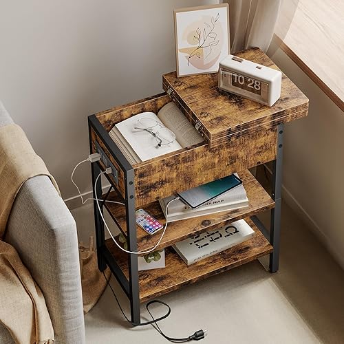 Miniatura 8 de Fixwal Mesa auxiliar con estación de carga, mesa auxiliar abatible con puertos USB y tomas, mesita de noche estrecha para sofá, mesa de noche para