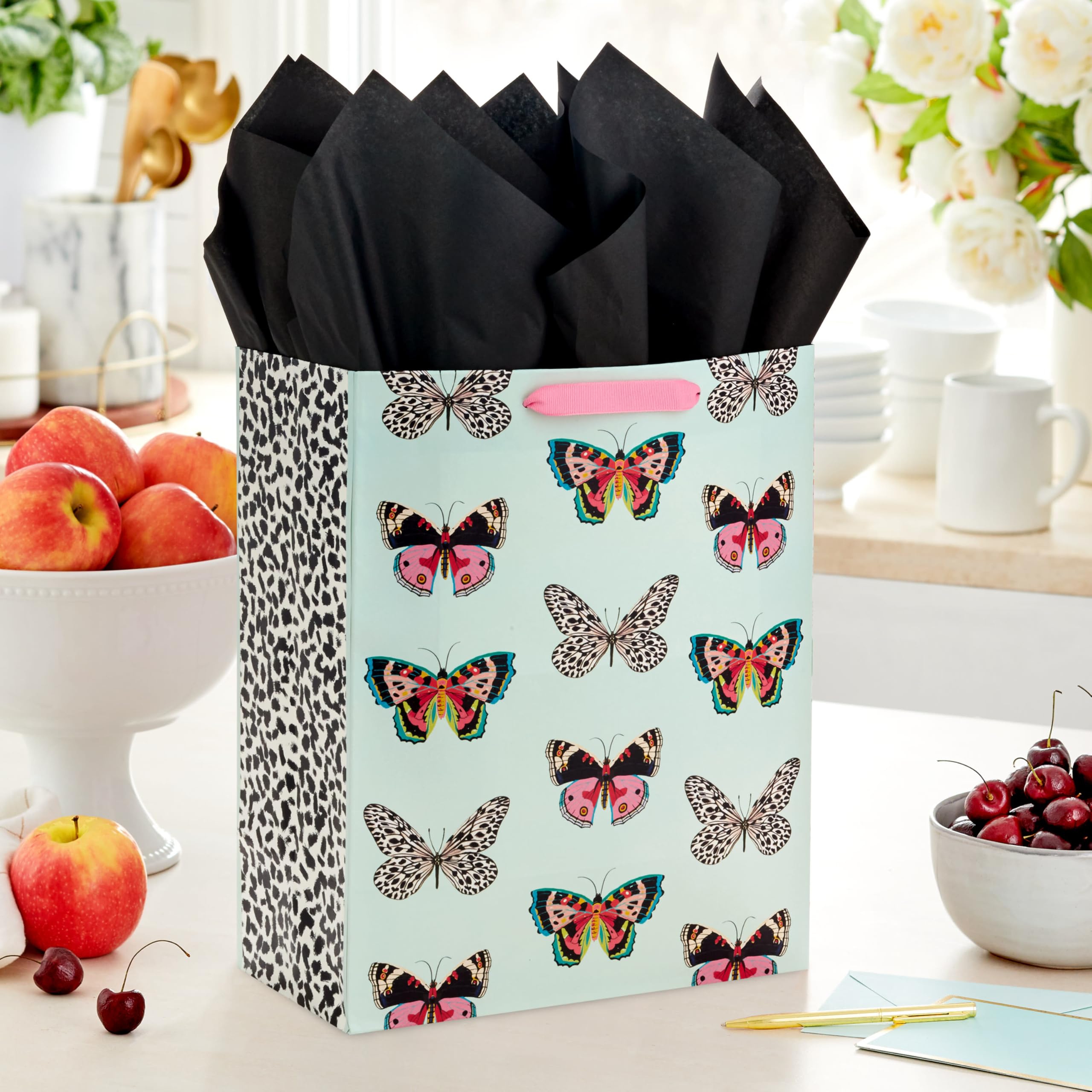 Hallmark 13" Large Gift Bag with Tissue Paper (Butterflies, Mint Green, Pink, Black) for Easter, Mother's Day, Bridal Showers, Baby Showers, Birthdays