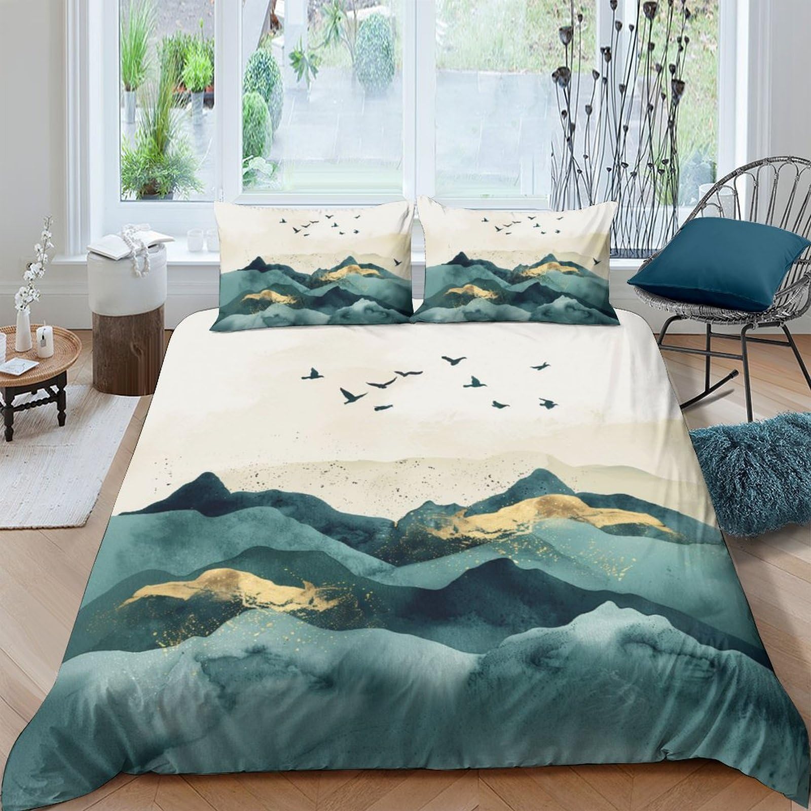 Ctjqhvkz Style-2 3D Printed Abstract Mountain Fitted Sheet Microfiber Green Gold Landscape Mattress Cover Bedroom Decor Washable Single（135X200cm）
