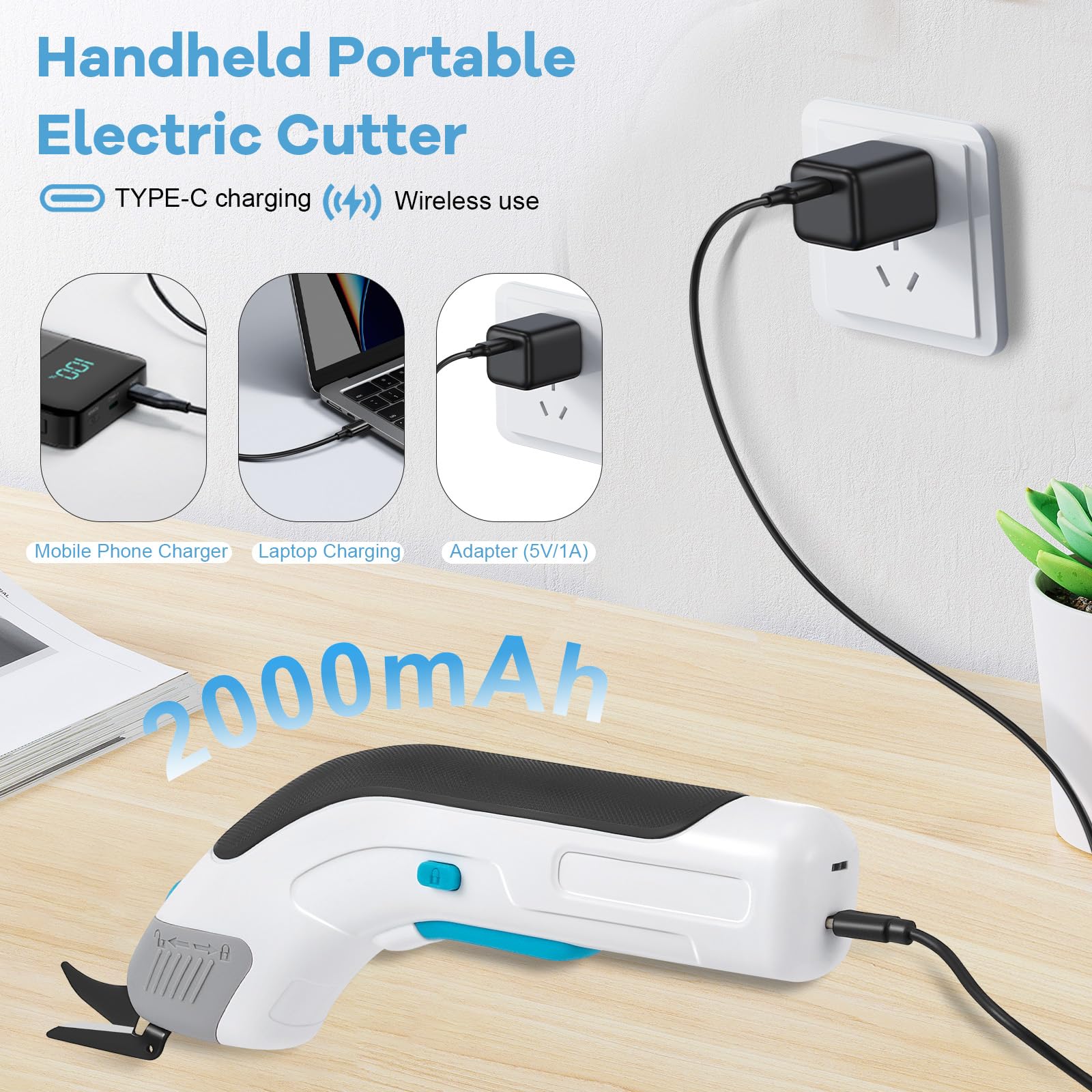 3.6V Electric Scissors,Cordless Fabric Scissors with 2 Cutting Blades,Rechargeable Electric Fabric Shears for Cutting Cardboard,Leather,Carpet,Wallpaper,Potted Plant - Image 3