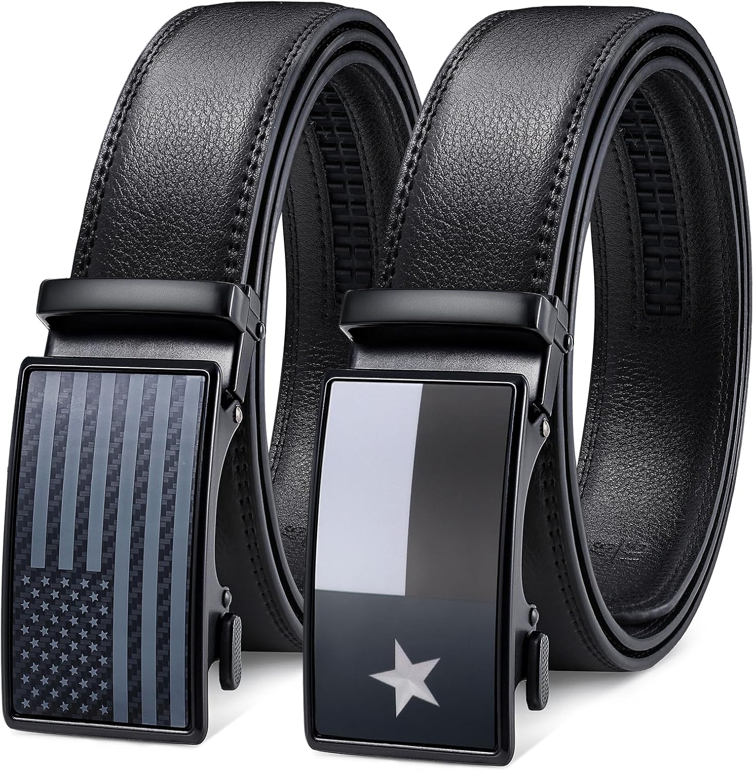 SANSTHS Ratchet Belts for Men 2 Pack, Mens Belts Leather for Dress with Adjustable Slide Buckle, Gift for Him 1 3/8"