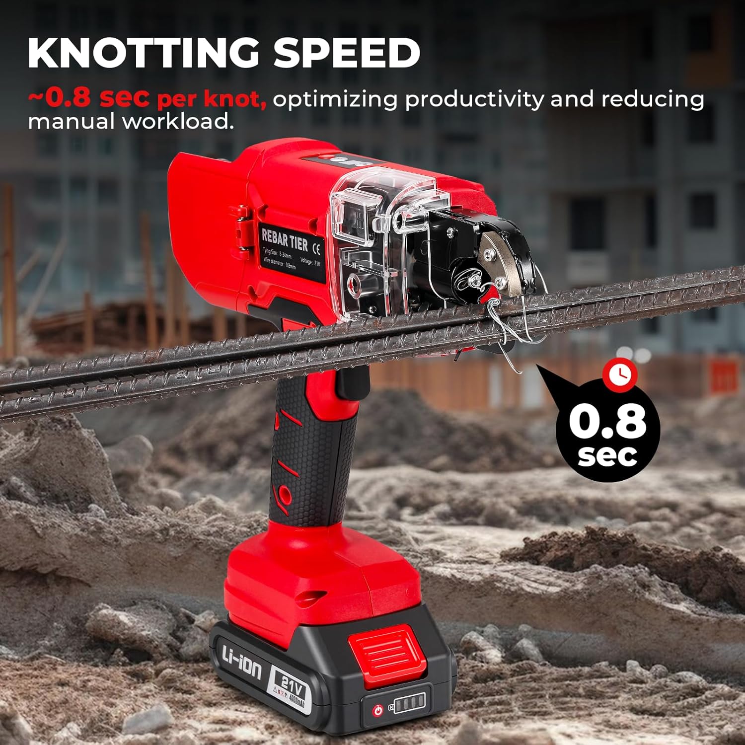Rebar Tying Machine, Automatic Rebar Tie Gun, Electric Cordless Wire Twister Tool, Battery Powered 1-9 Tightness Adjustable for Φ 0.3" to 1.3" Rebars