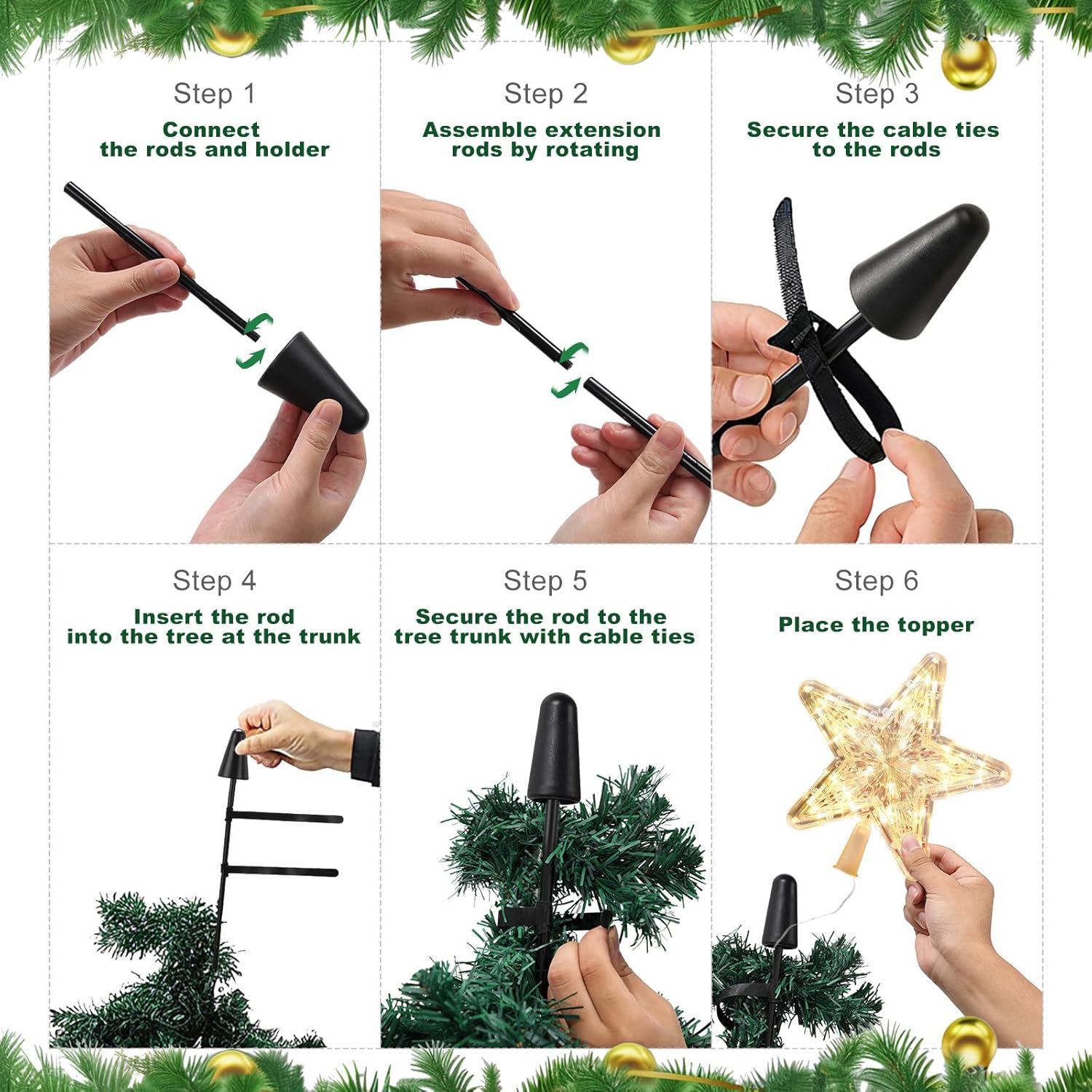 Christmas Tree Star Topper Set, 9 Inch LED Star Tree Topper with 44-Inch Pole & Base - Comes with 8 Secure Ties, Easy to Assemble for Festive Fun, Heartwarming （Batteries not Included） - Image 4