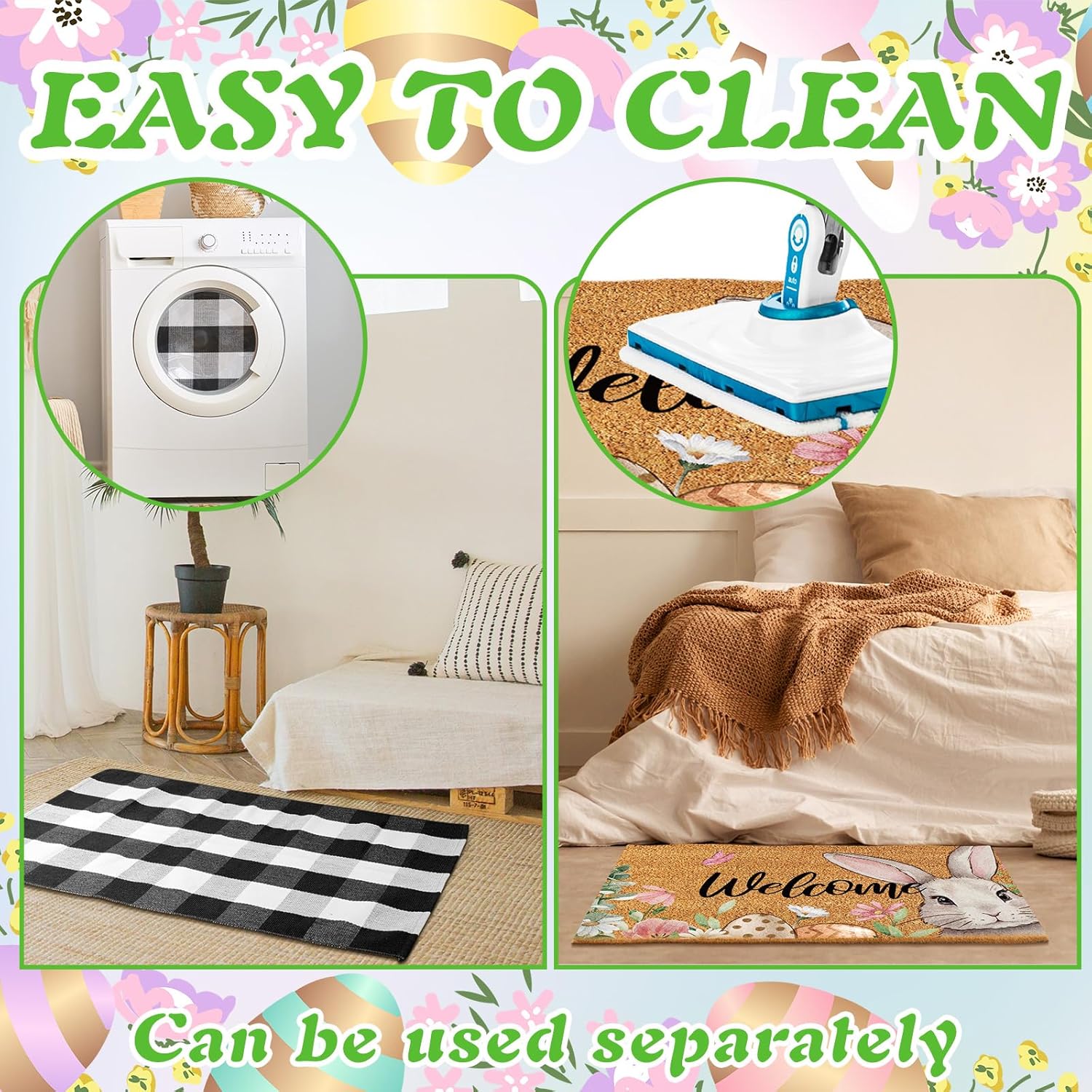 Duraaamo 2 Pcs Easter Coir Doormat Outdoor Rug Bunny Welcome Door Mat Layered Buffalo Plaid Black White Checkered Rug Coir Easter Mat for Outdoor Front Porch Entryway Decor