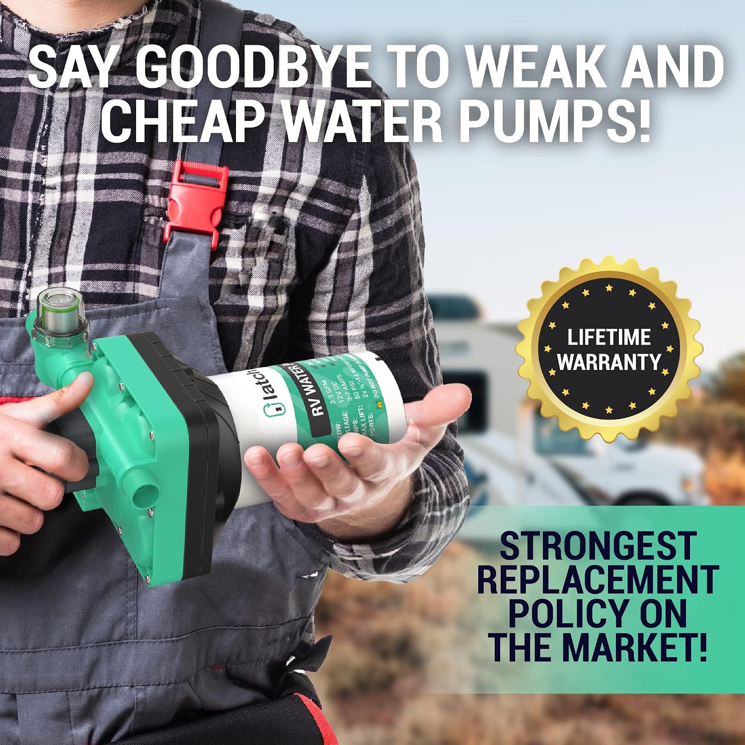 LATCH.IT 12 Volt Water Pump | 3.5 GPM 50 PSI Camper Water Pump | Self Priming 12V Water Pump | 12V RV Water Pumps | RV Water Pump 12V Quiet Operation With Filter & Fittings Included!