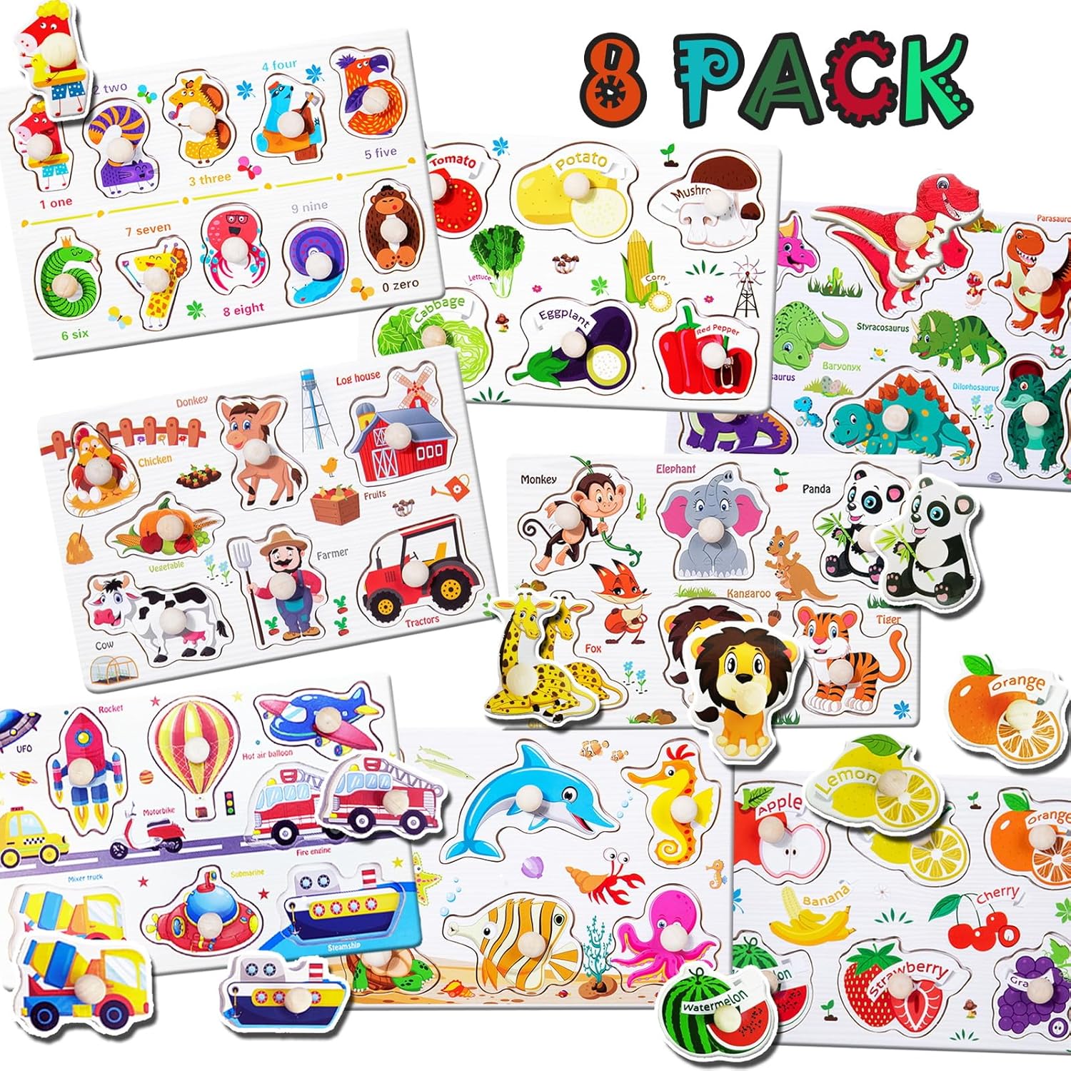 8 Pack Wooden Peg Puzzles for Toddlers 13, Kids