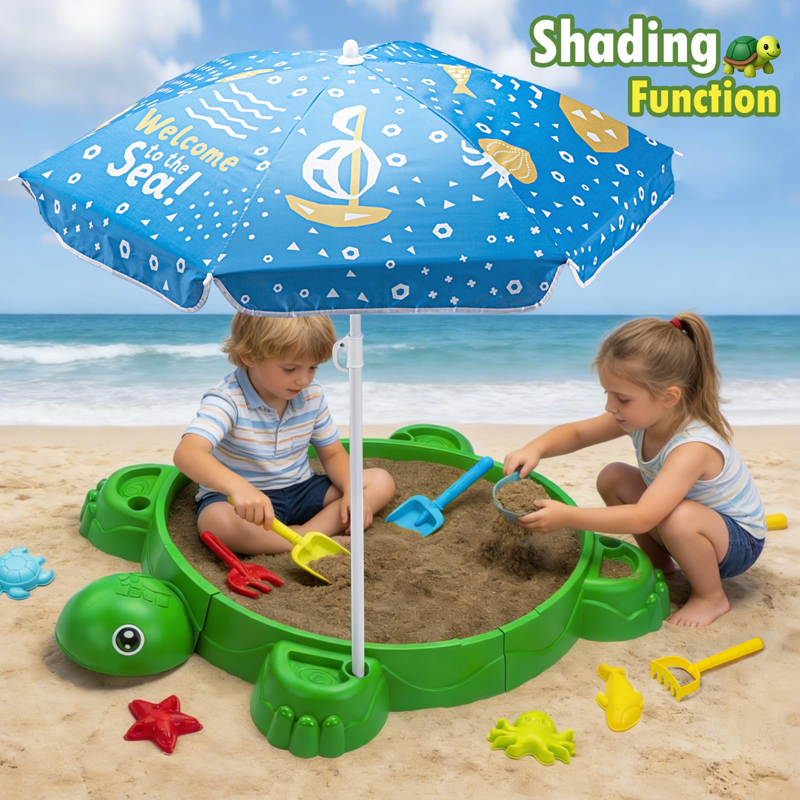 Condition photo showing New/Like New for turtle sandbox with lid & umbrella, 38" kids sandbox with beach toys set, safe sensory play sand box for toddlers, indoor outdoor backyard summer gift for ages 3-8