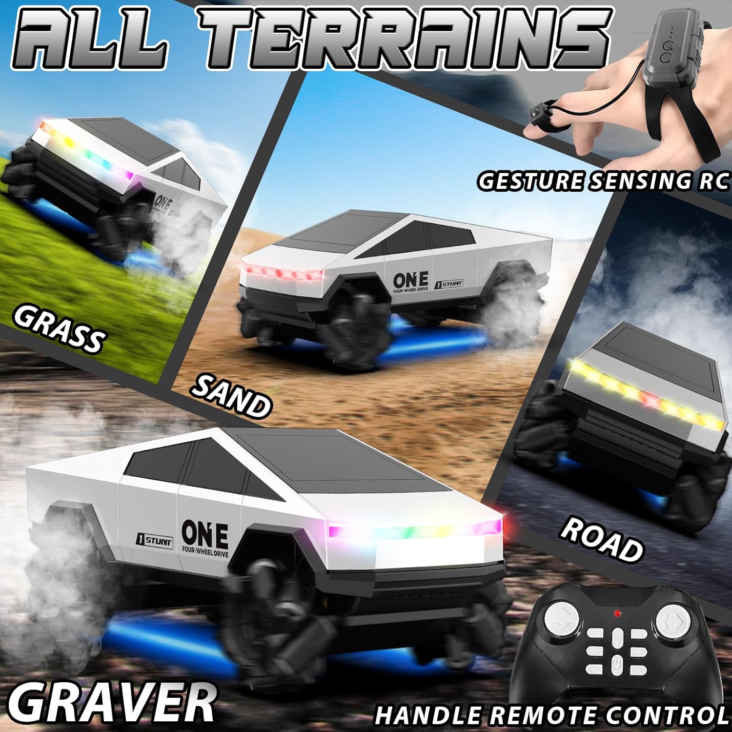 Remote Control Car, RC Stunt Car 2.4Ghz 4WD RC Cars 360°Rotating All Terrain High Speed Monster Truck Toys with Light, 2 Batteries Off-Road Electric Vehicle Toys for Kids Boys Girl