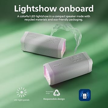 PHILIPS TAS2000WT Bluetooth Wireless Speaker with LED Lightshow, 20 W Bass+, Auracast, 20 Hrs Play Time, IPX5 Splash-Proof, USB Playback, Mic, App Control – White