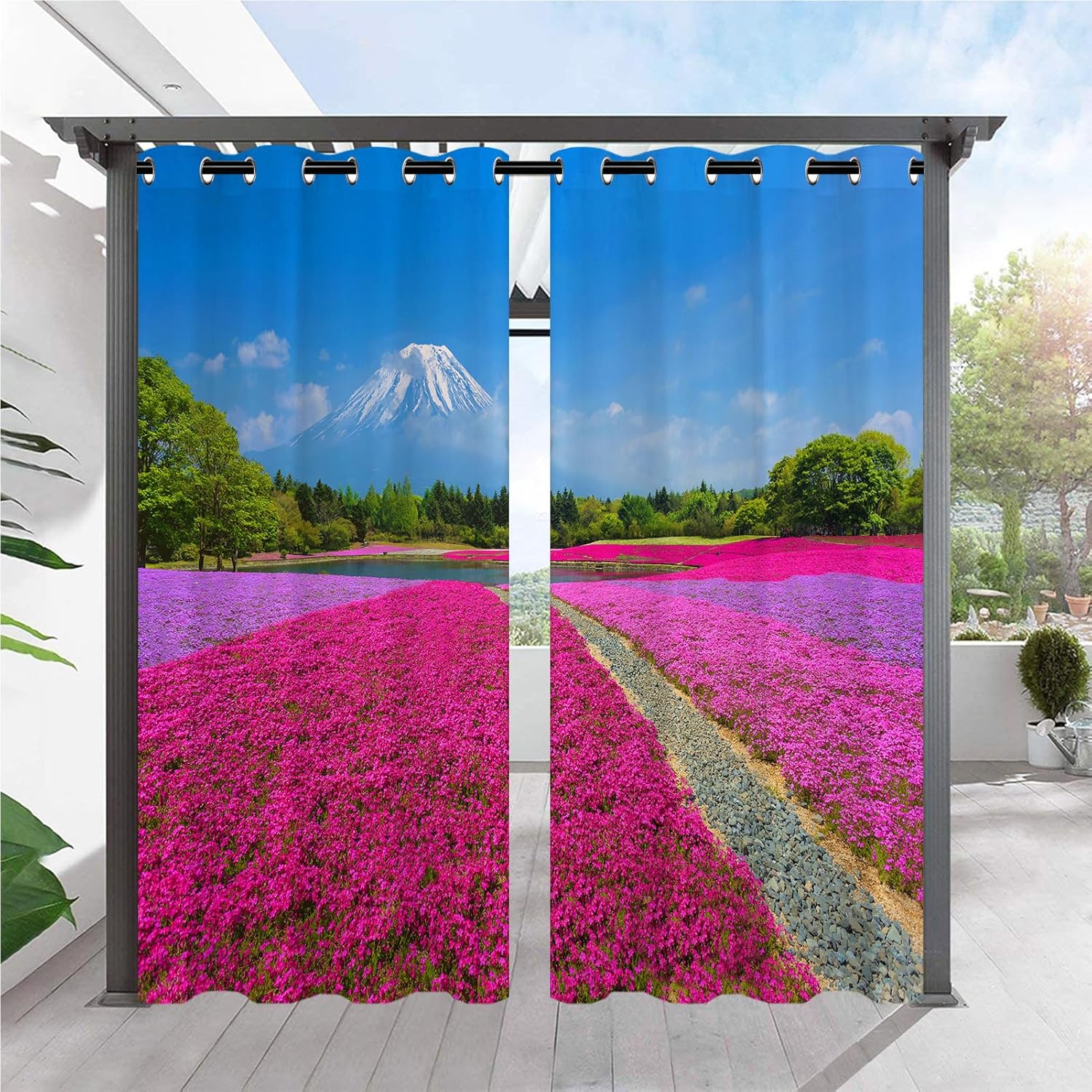 ANHOPE Outdoor Curtains Waterproof Grommet Top Privacy Drapes Nature Japan Mount Fuji Flower Print Pattern Outside Curtains for Patio Pergola Porch Gazebo Cabana 2 Panels 54 x 120 Inch