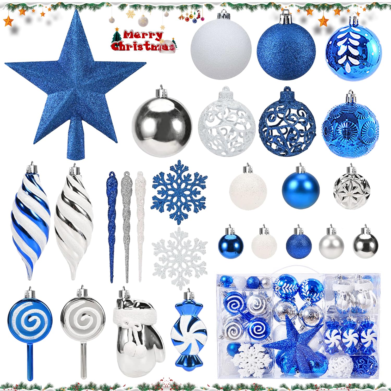 130 Pièces Boules de Noël Bleu et Blanc