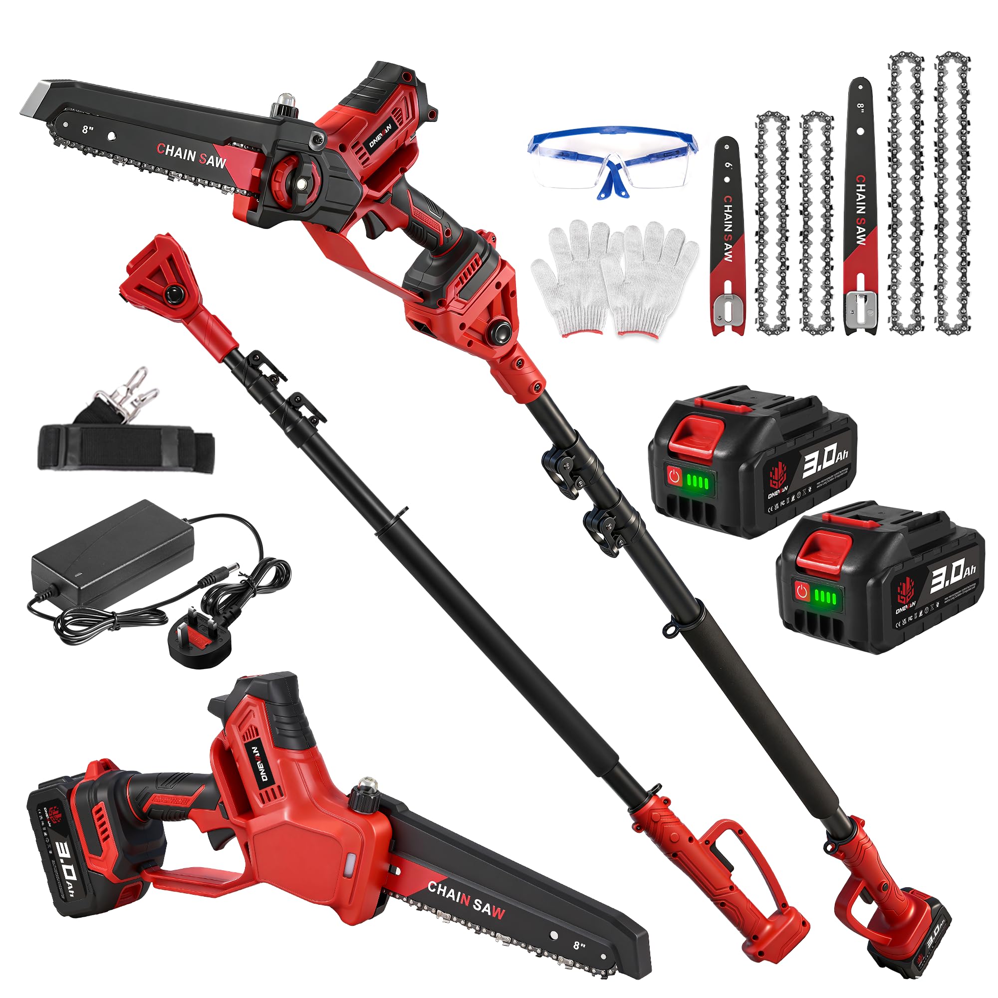 4 in 1 Cordless Pole Saw - 6 In & 8 In Electric Chainsaw, 8.2ft Brushless Telescopic Tree Pruner, 180° Adjustable Head, Max Cutting Diameter 7.9IN, 2*3.0Ah Battery, for Garden High & Low Tree Trimming