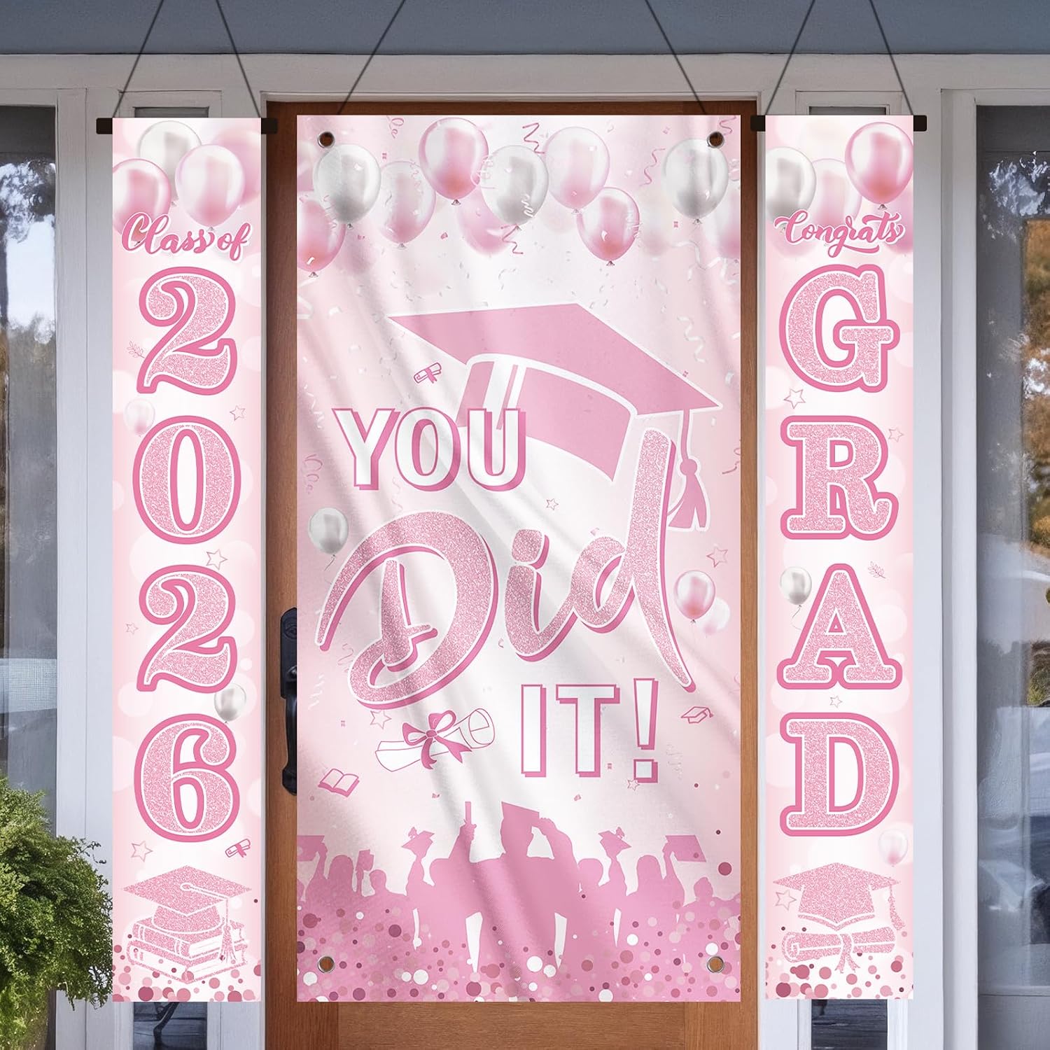 Graduation Banner Class of 2026, You Did It Congrats Grad Door Cover for Party Decorations, High School and College Graduation Ceremony Banner Decorations for Indoor Outdoor (Pink)