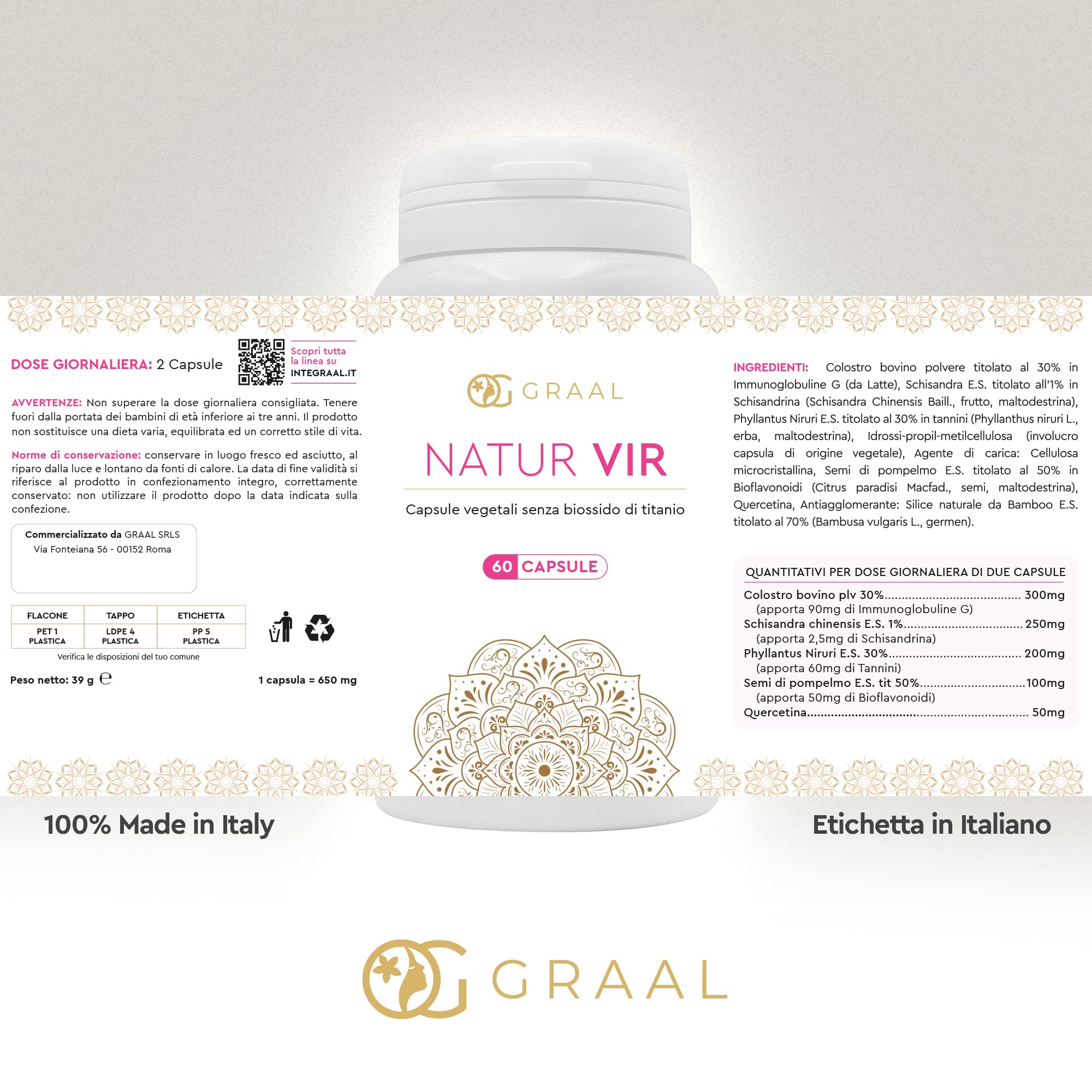 Graal Natur Vir - Colostro e Quercetina per Difese Immunitarie - Supporta la Salute Intestinale - Antiossidante Naturale - Ideale per il Recupero Fisico