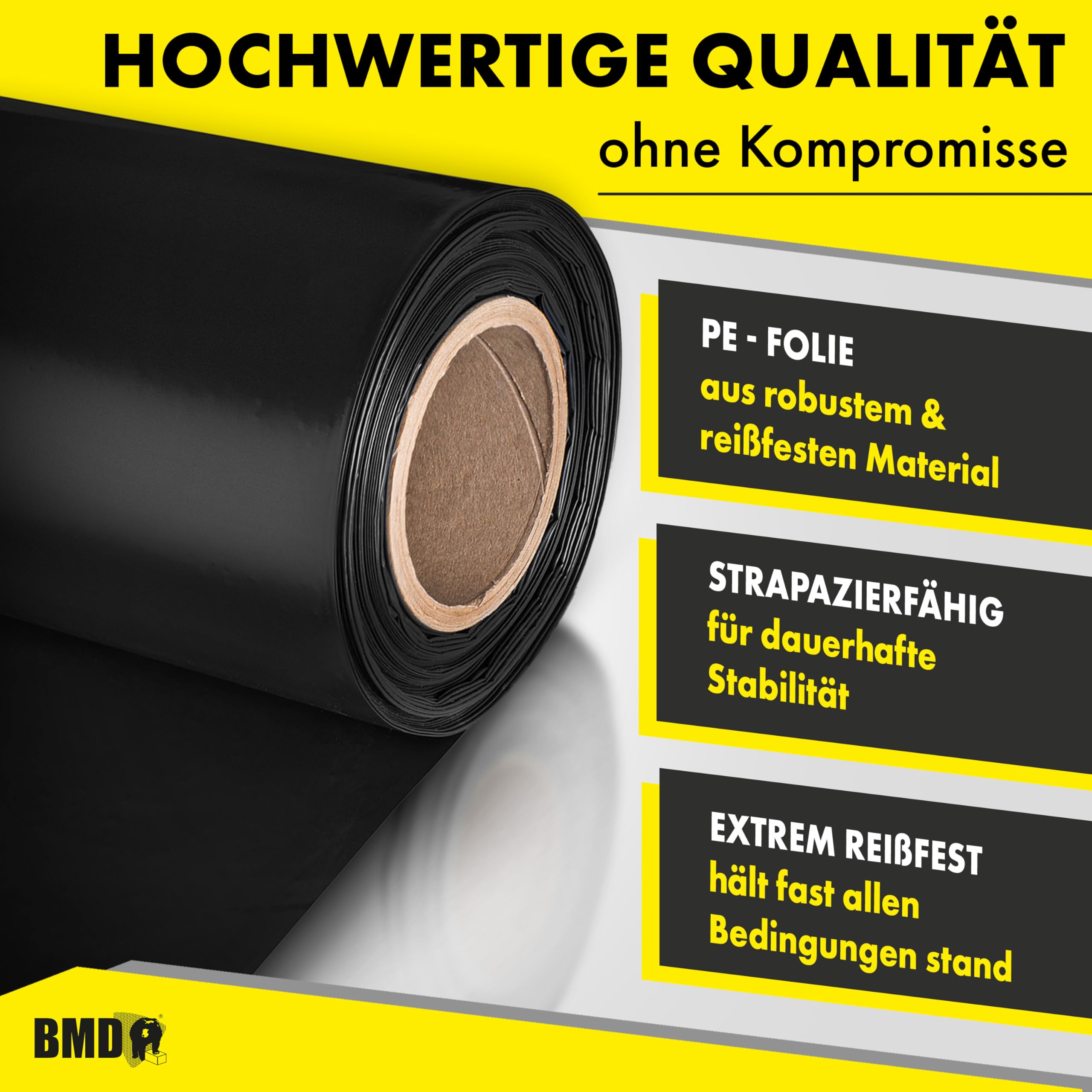BMD Baufolie TYP 300 | 4m x 25m | 3 Größen | extra starke Estrichfolie | wasserfeste, schwarze Abdeckfolie | 100m² | reißfeste Schutzfolie und Abdeckplane