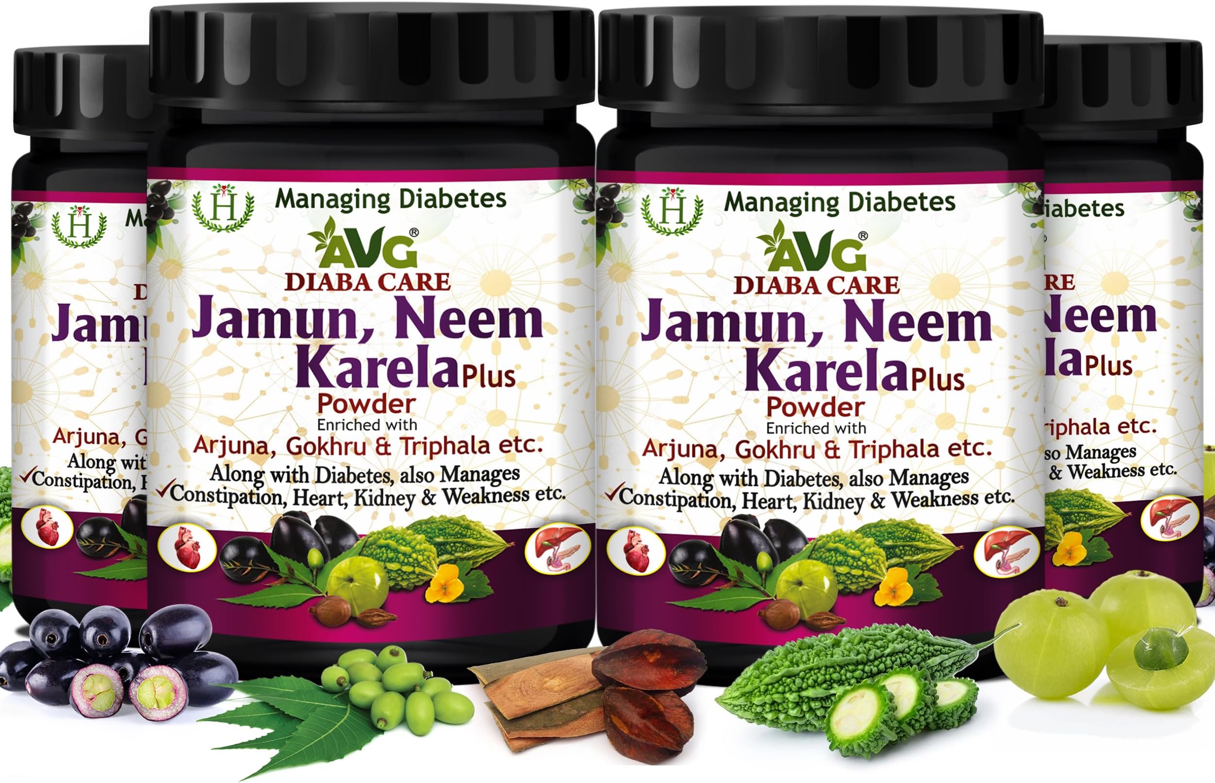 AVG Health Organics Diaba Care Karela Jamun Neem Powder 200gm each, Pack of 4 Diabetes Care Ayurvedic Supplement with Arjuna, Gokhru & Triphala, Helps in Relieving Constipation