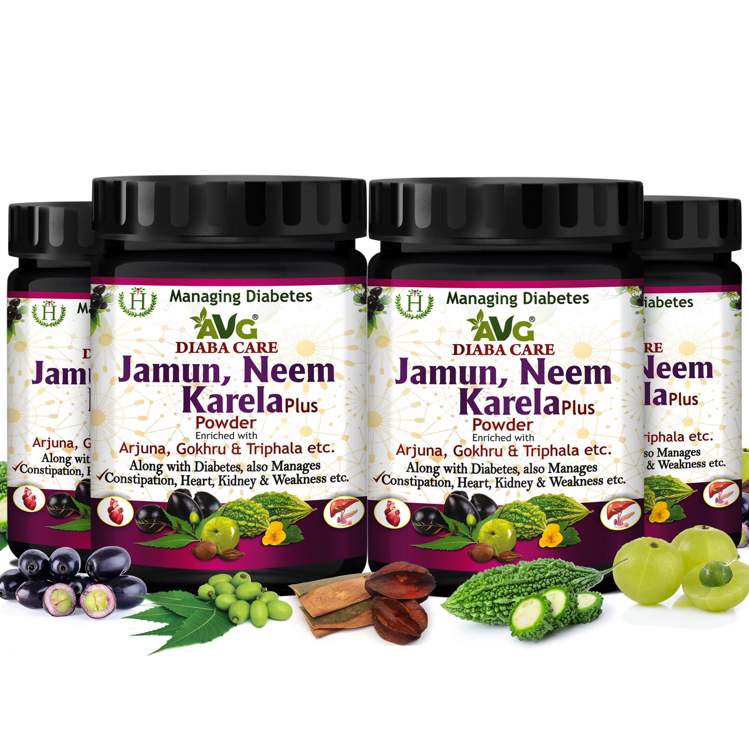 AVG Health Organics Diaba Care Karela Jamun Neem Powder 200gm each, Pack of 4 Diabetes Care Ayurvedic Supplement with Arjuna, Gokhru & Triphala, Helps in Relieving Constipation